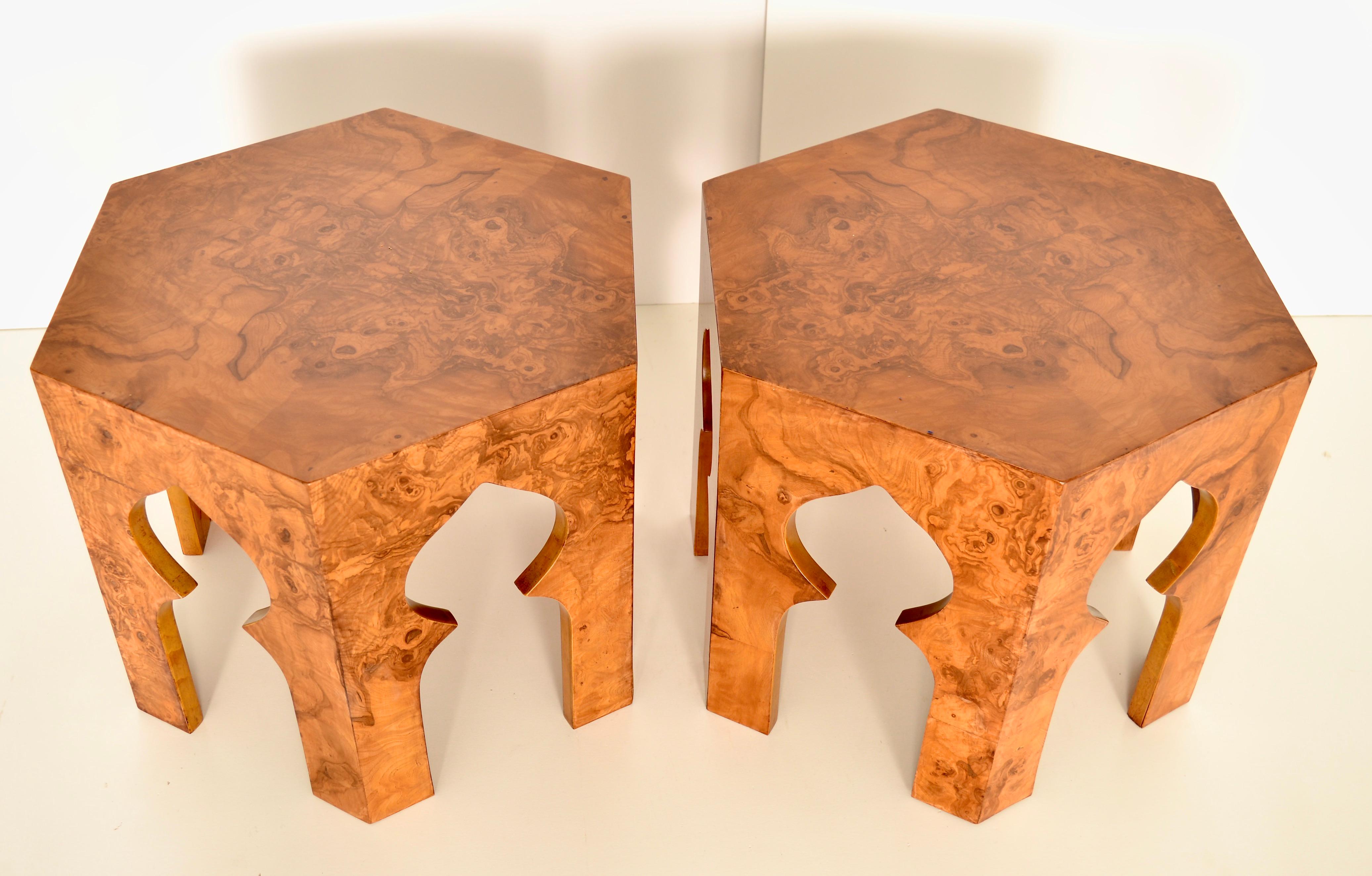 Wonderful style on this pair of drinks tables. The cut legs with a distinctive Moroccan motif make them real stand outs. Handsome bookended burled veneer. Super quality. Fully restored, with a soft satin finish, they are in excellent condition.