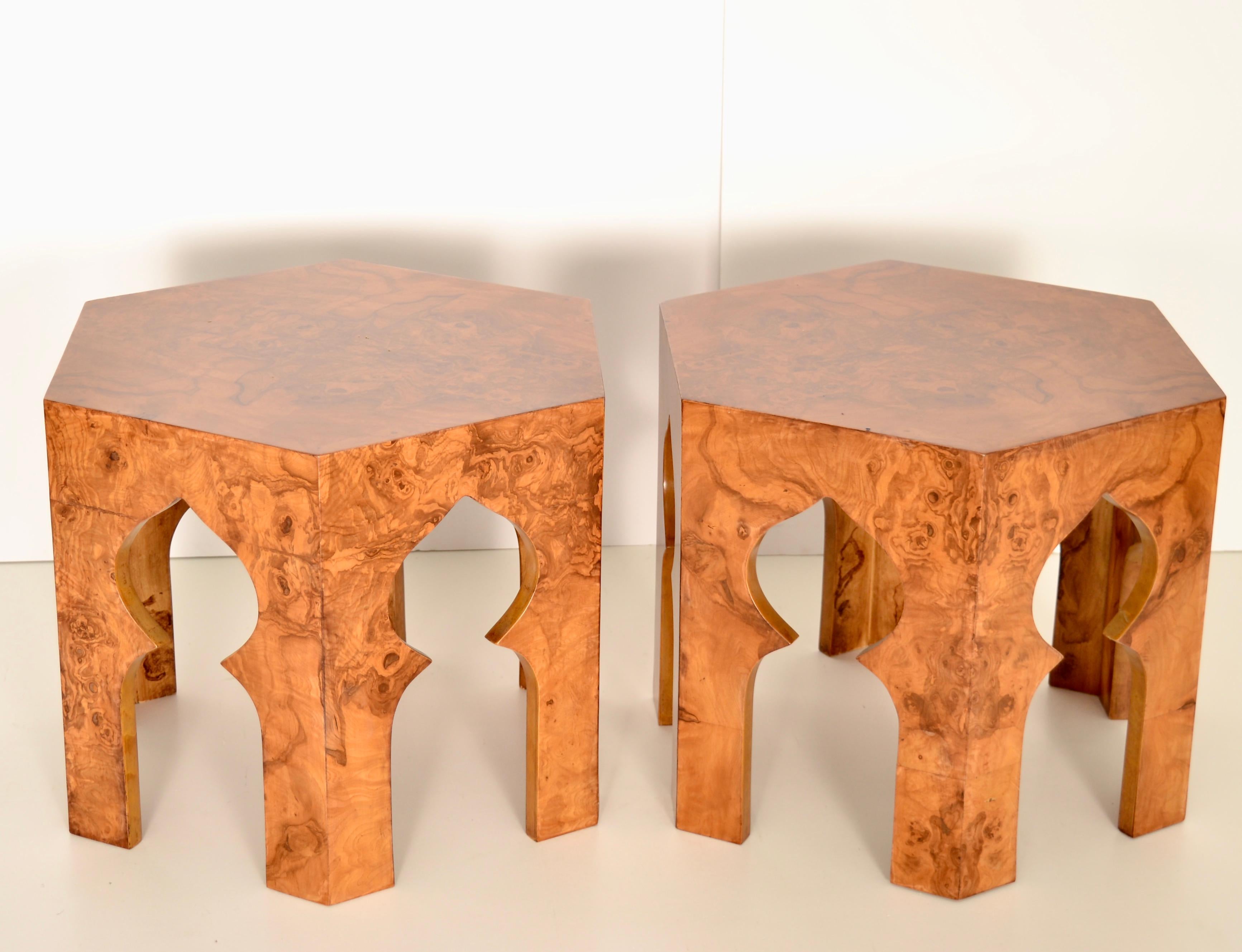 Mid-Century Modern Pair of Burl Wood Occasional Tables in Moroccan Motif