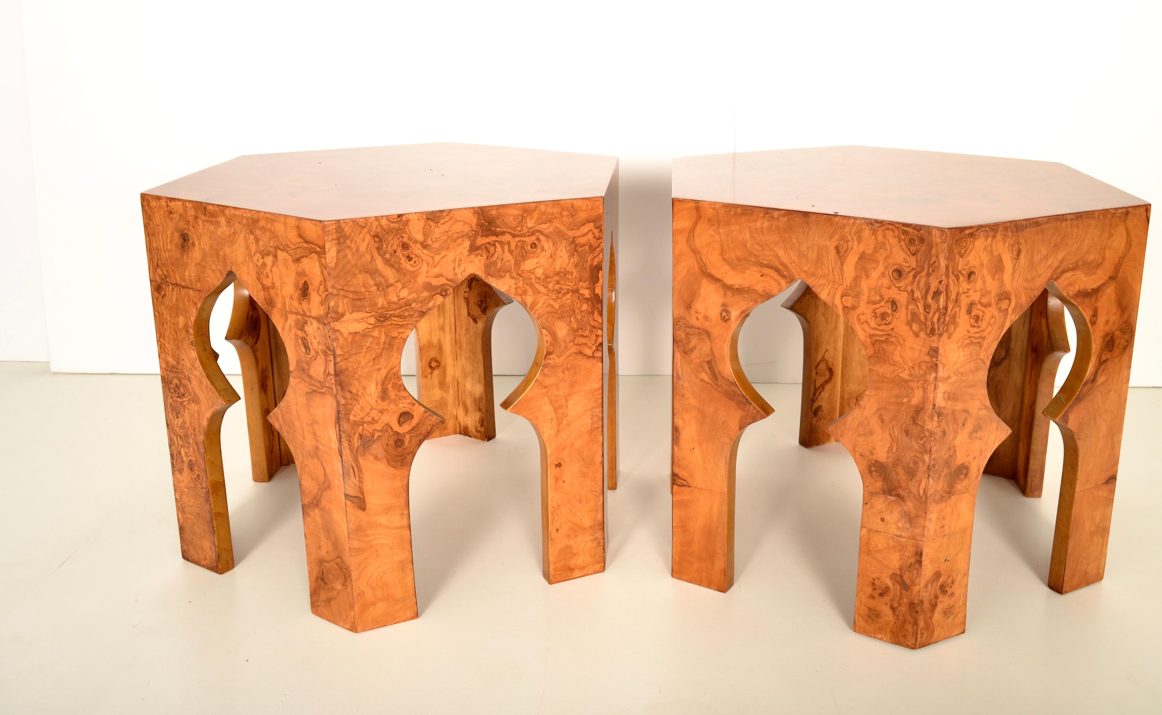 Pair of Burl Wood Occasional Tables in Moroccan Motif In Good Condition In Norwalk, CT