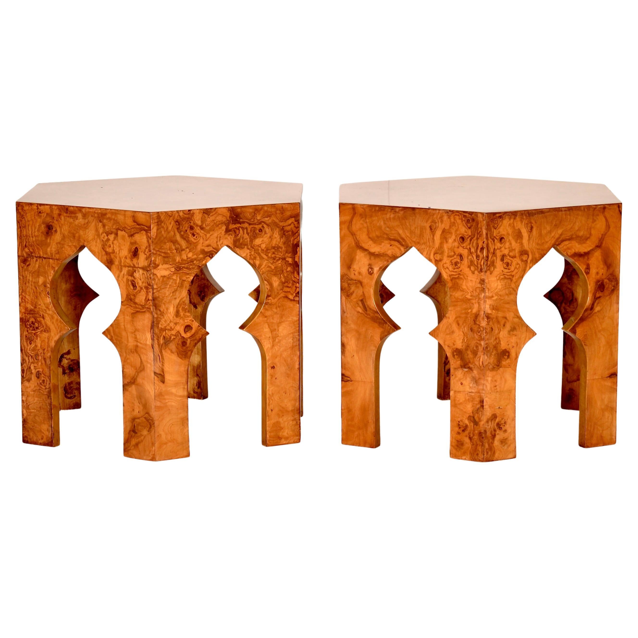 Pair of Burl Wood Occasional Tables in Moroccan Motif