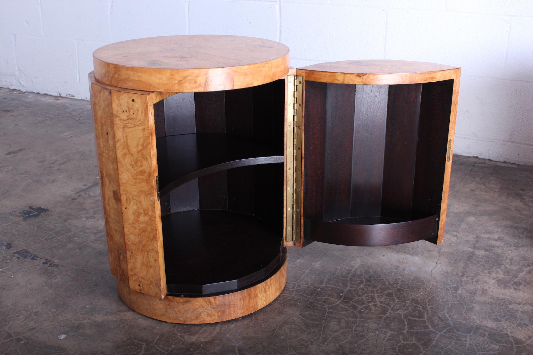 Pair of Burled Olive Dunbar Pedestal Table/ Bars by Edward Wormley 9