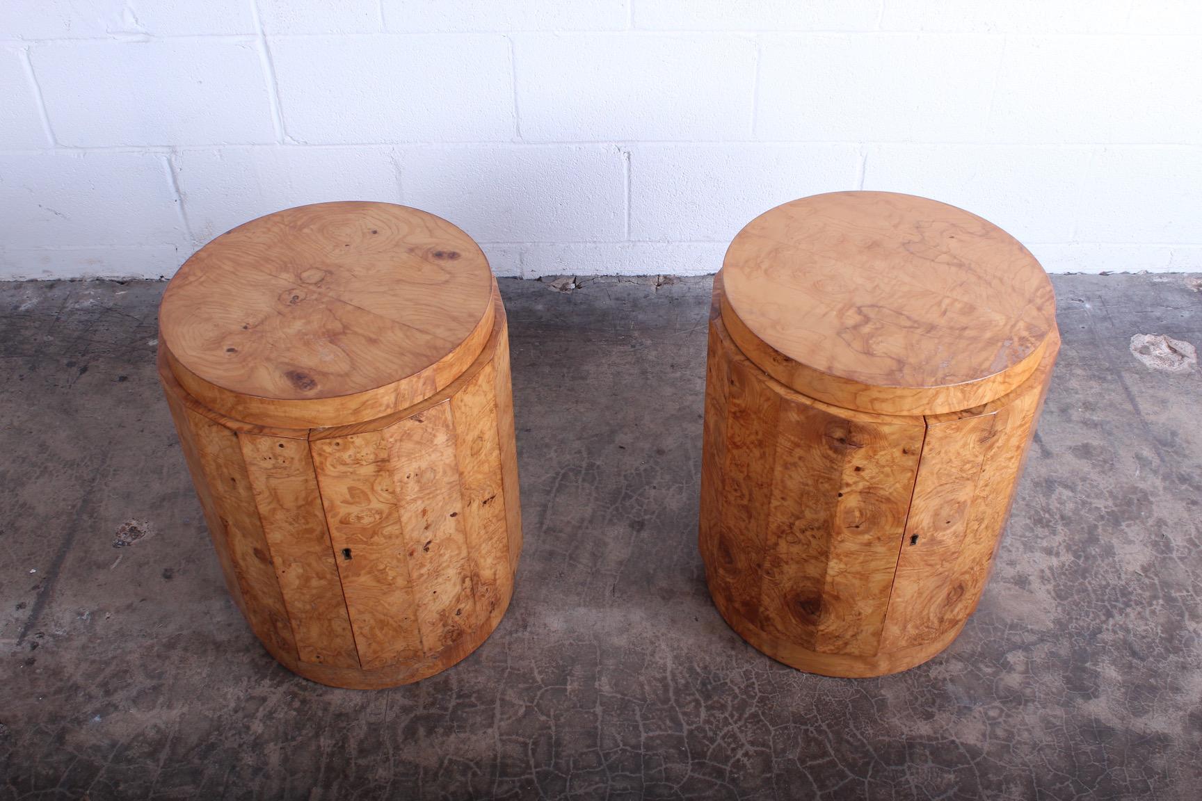 Pair of Burled Olive Dunbar Pedestal Table/ Bars by Edward Wormley 2