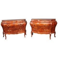 Pair of Burled Walnut Bombe Rococo Italian Commodes Nightstands, circa 1960