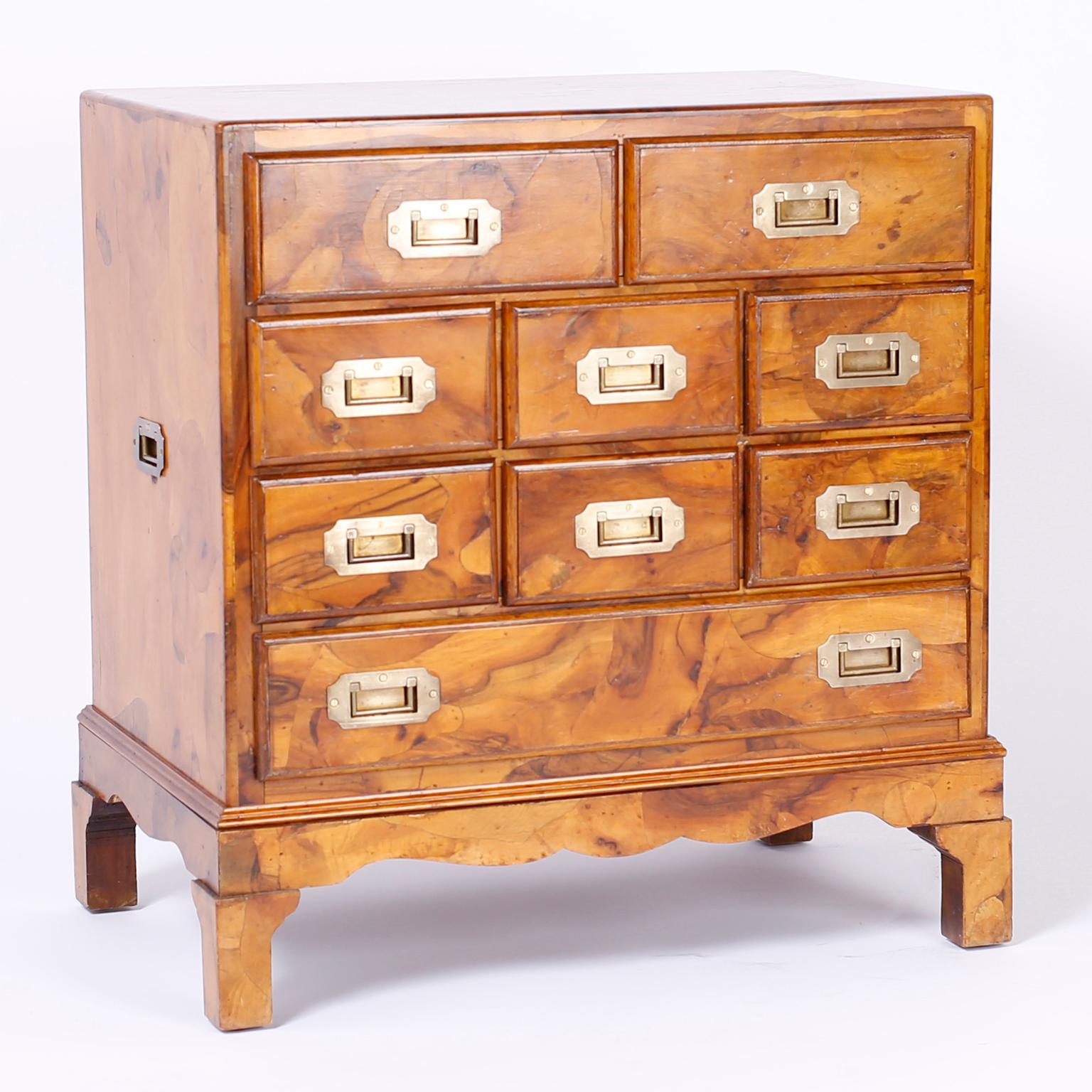 Italian Pair of Burled Walnut Campaign Style Chests
