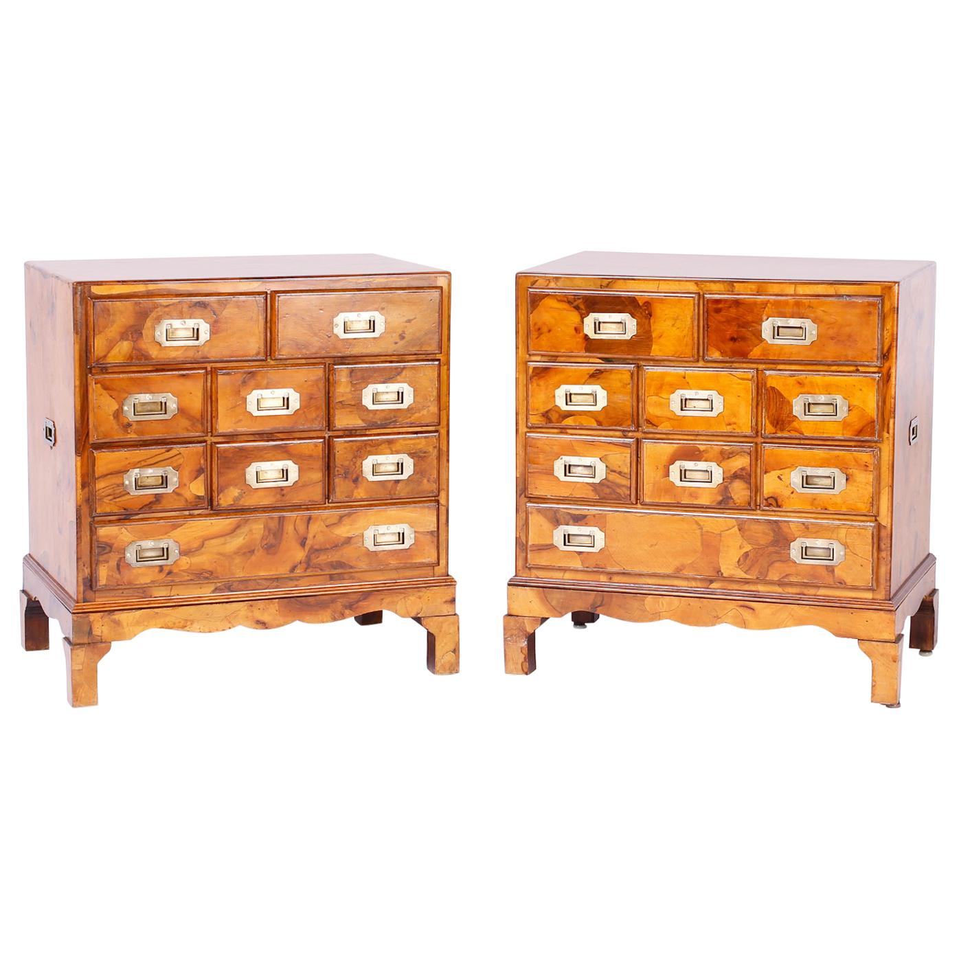 Pair of Burled Walnut Campaign Style Chests