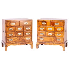 Pair of Burled Walnut Campaign Style Chests