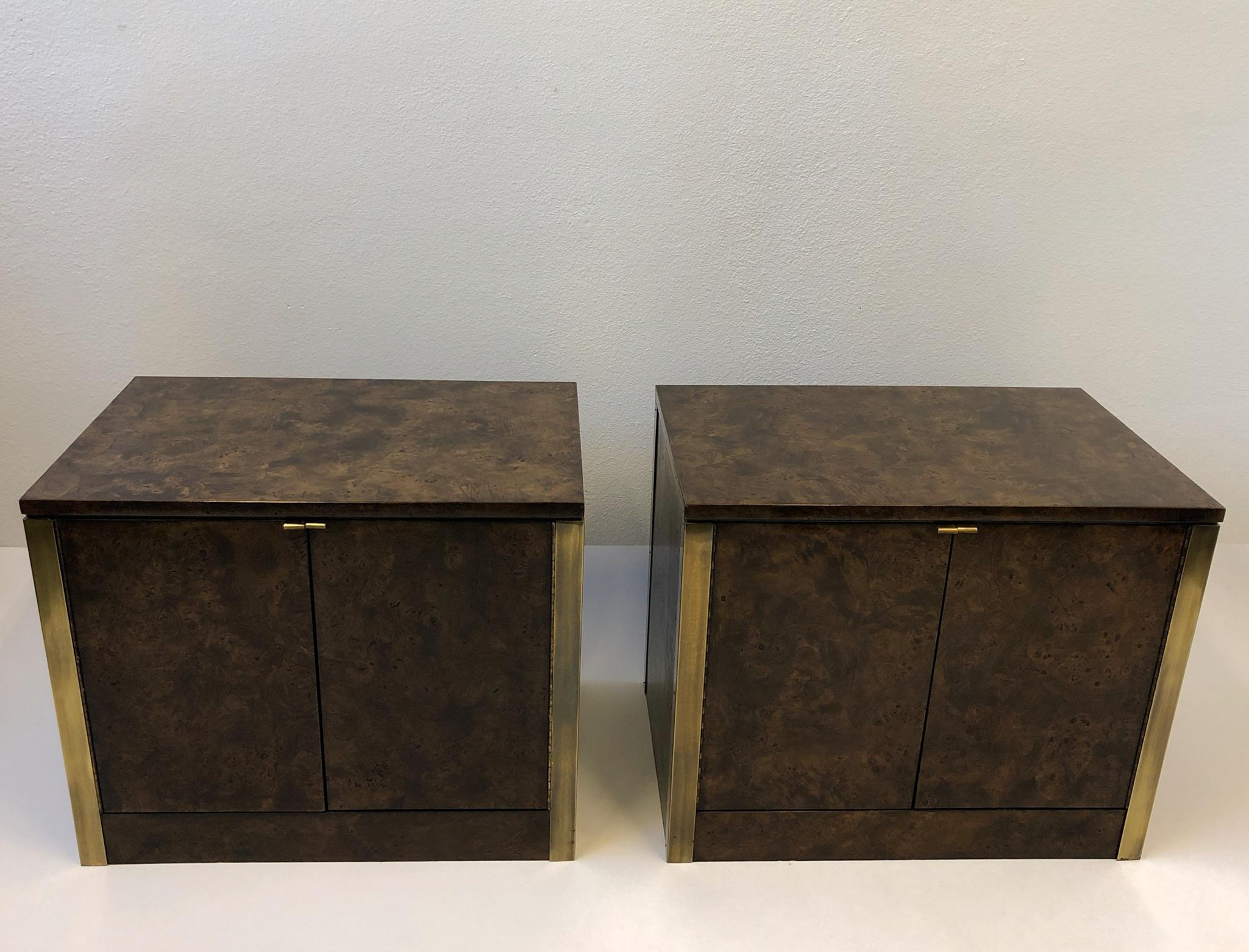Modern Pair of Burlwood and Brass Nightstands by Mastercraft