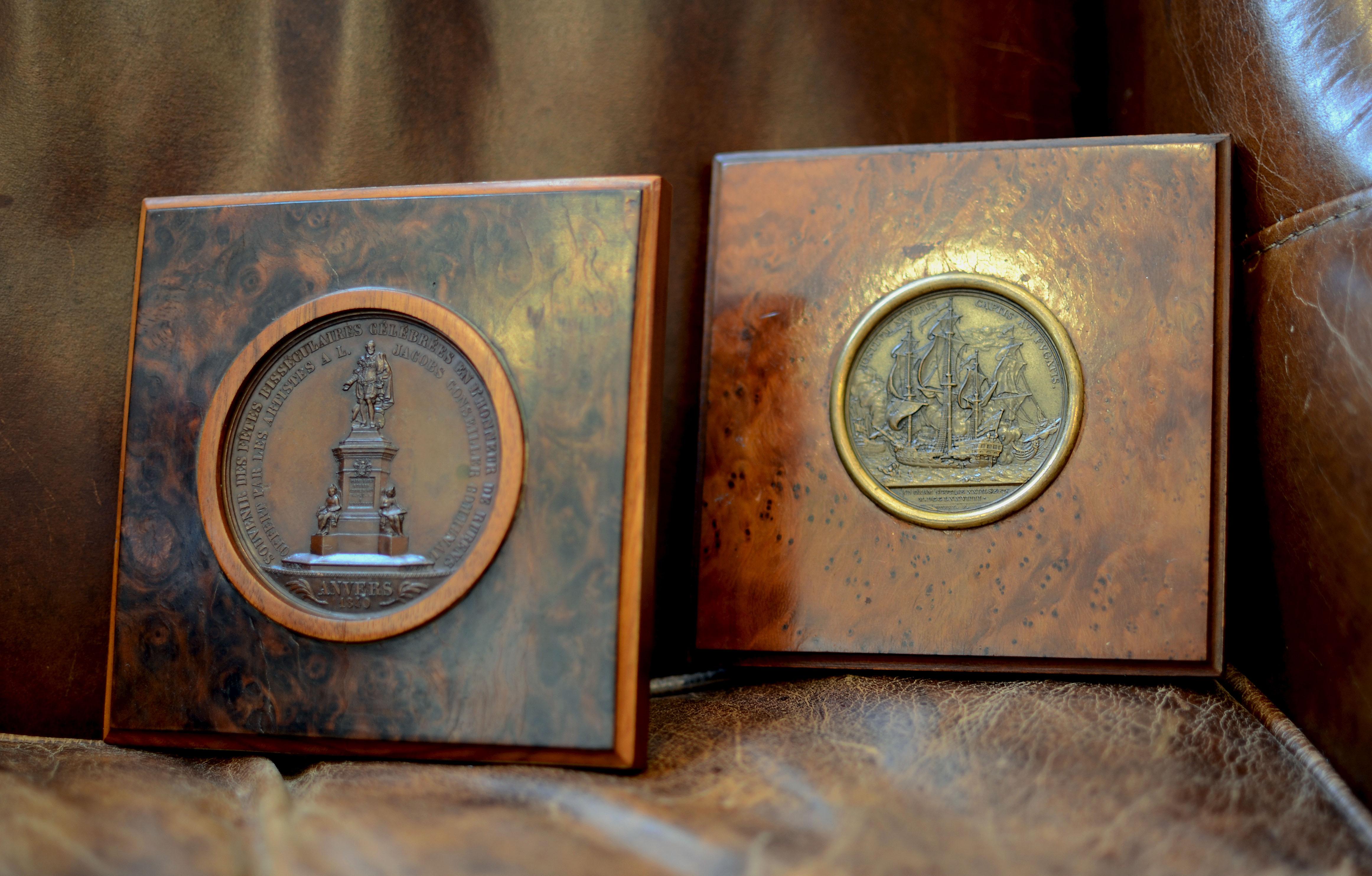 19th Century Pair of Burlwood and Walnut framed 19th century French and Belgian medals 