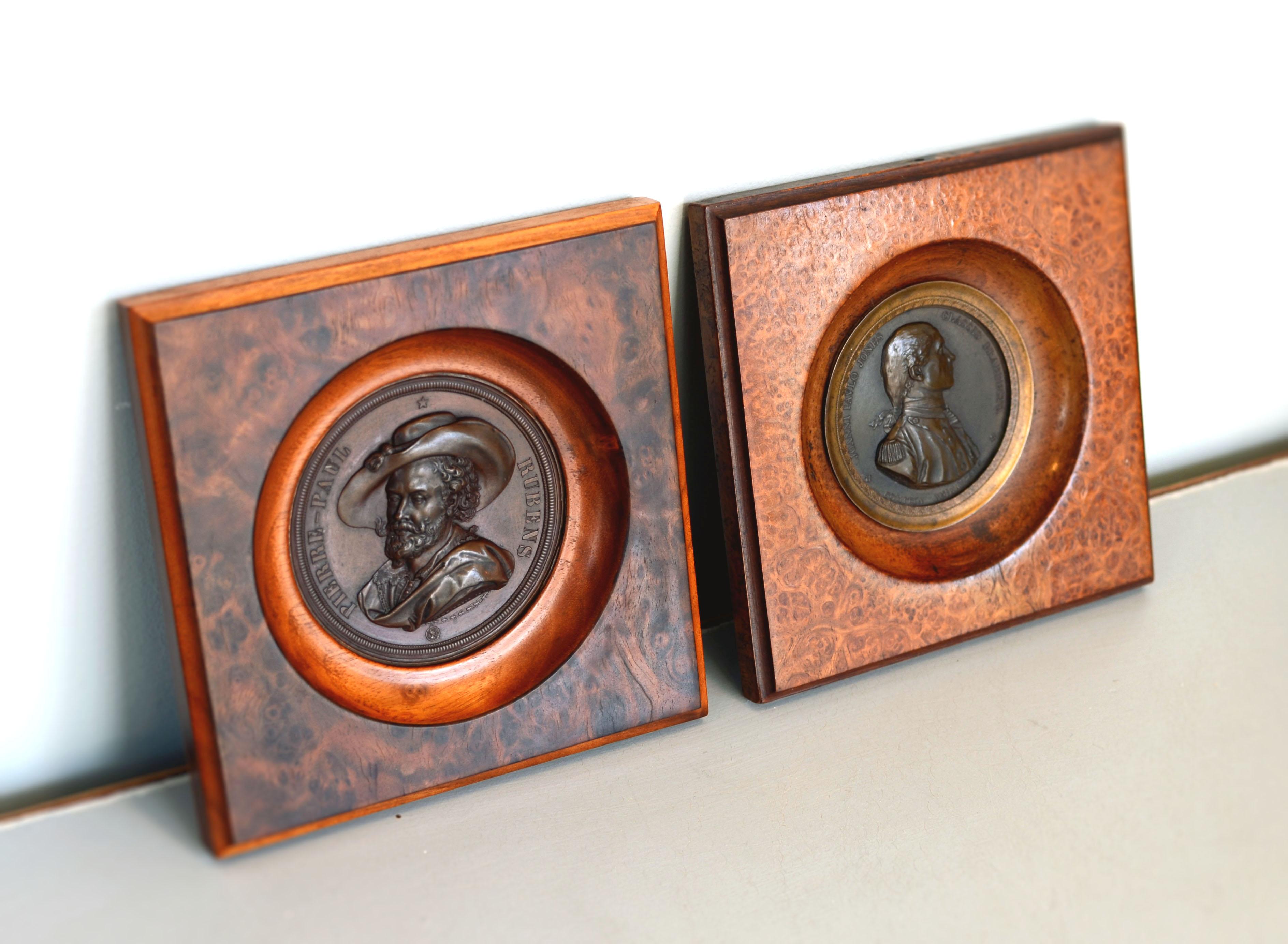 Bronze Pair of Burlwood and Walnut framed 19th century French and Belgian medals 