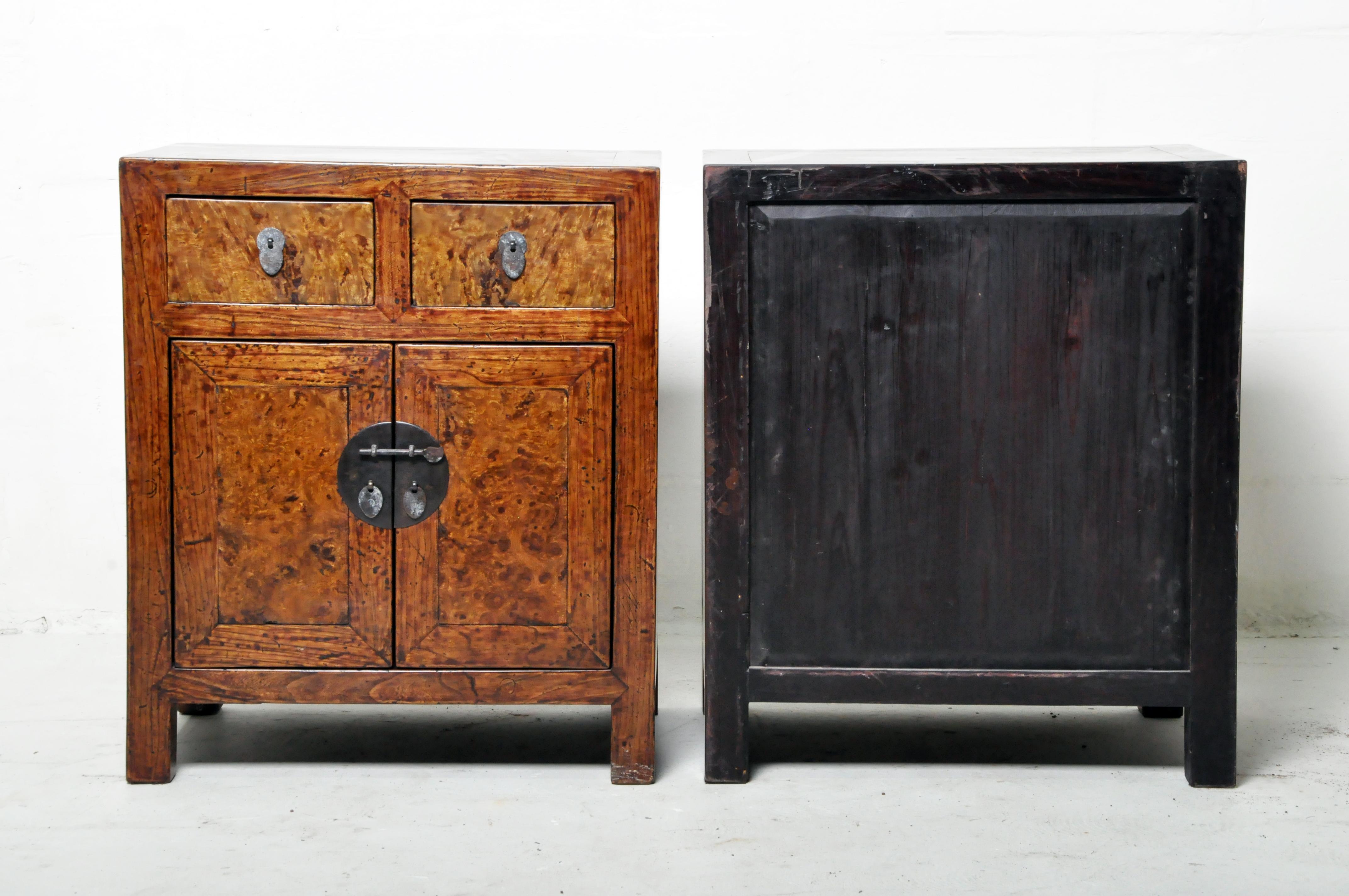 Chinese Pair of Burlwood Bedside Chests