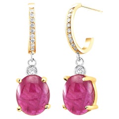Pair of Burma Cabochon Ruby and Diamond Yellow Gold Diamond Hoop Earrings