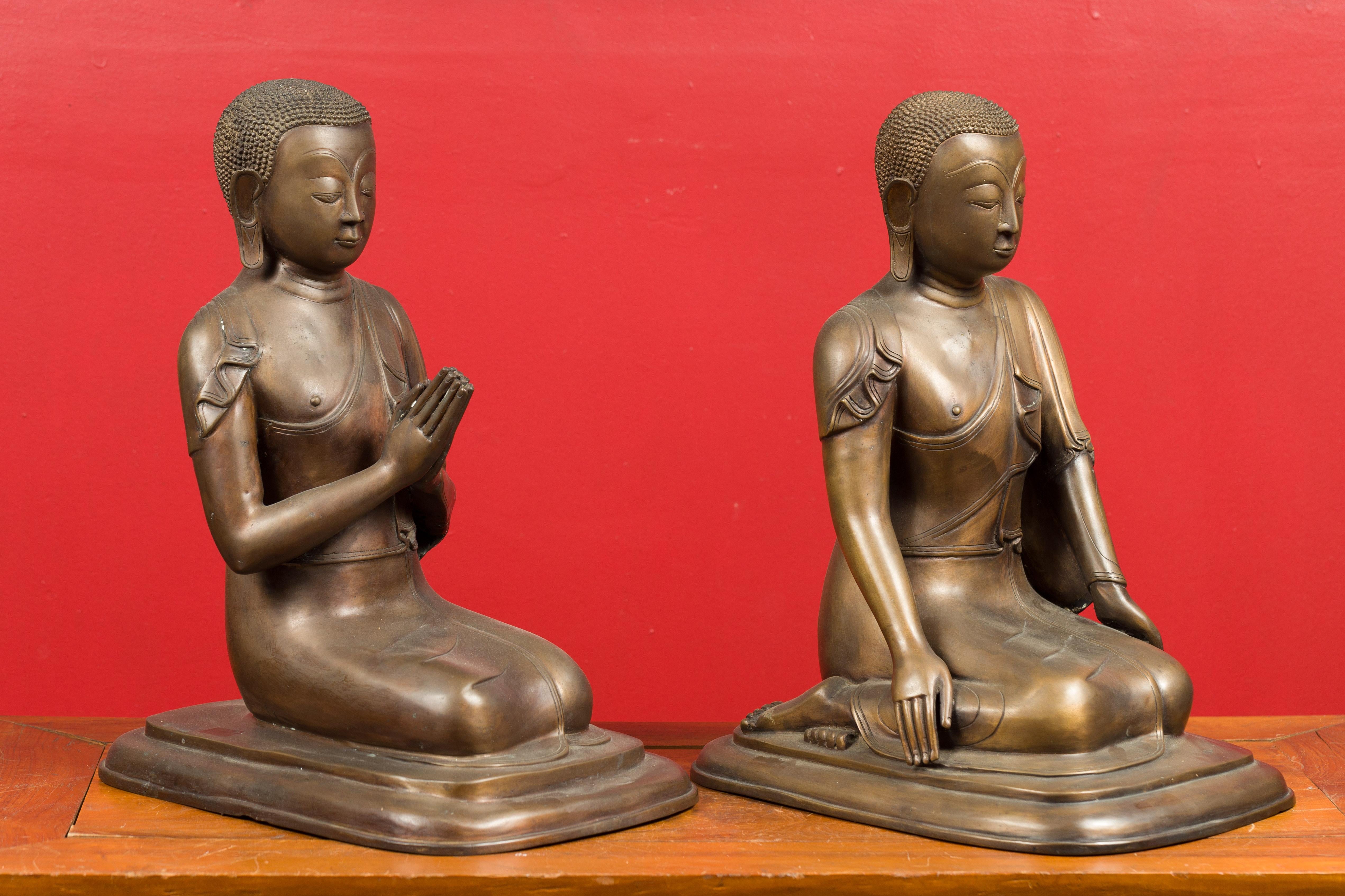Pair of Burmese 20th Century Bronze Statues of Kneeling Buddhist Disciples 5