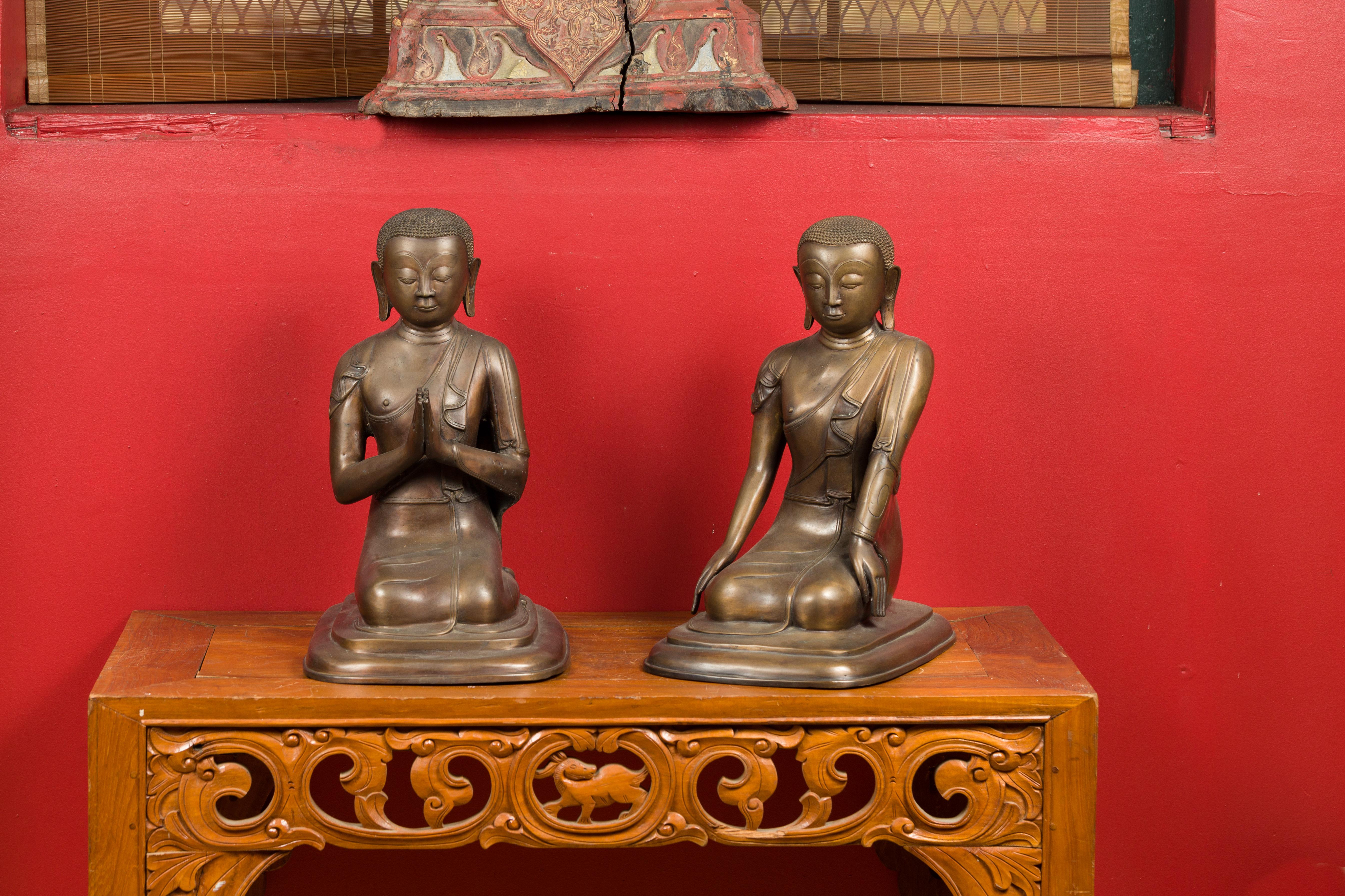 Pair of Burmese 20th Century Bronze Statues of Kneeling Buddhist Disciples 10