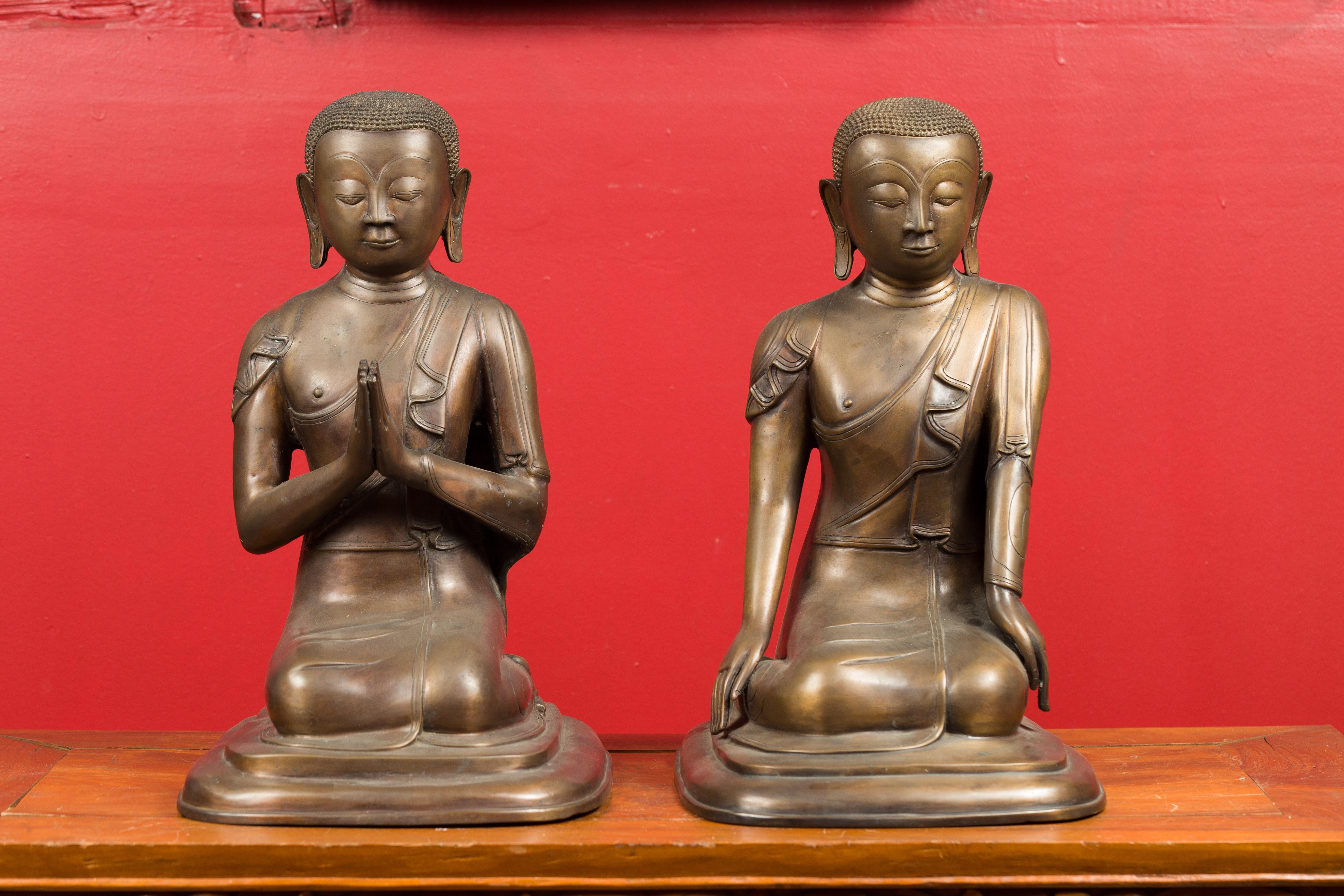 Pair of Burmese 20th Century Bronze Statues of Kneeling Buddhist Disciples 11