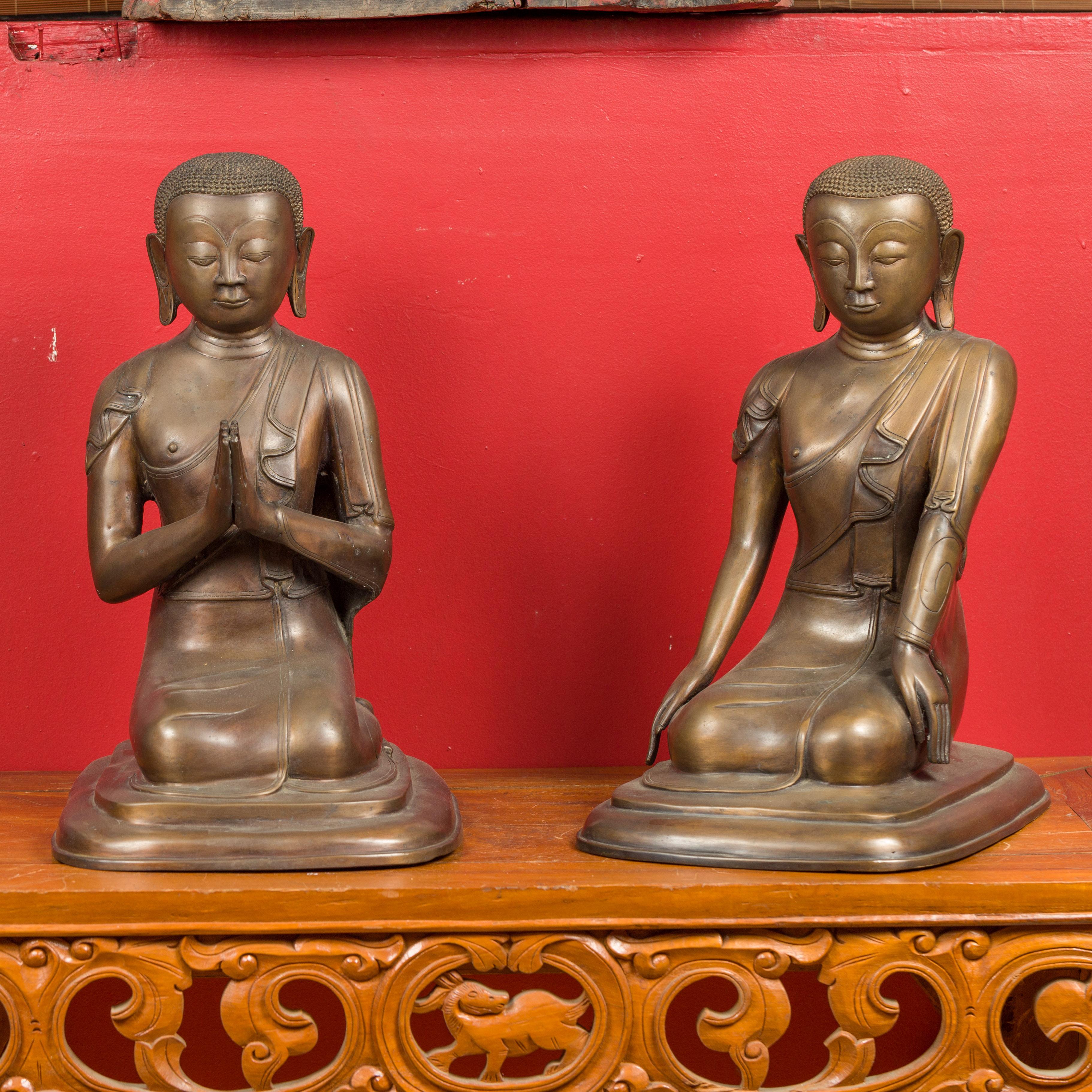 Pair of Burmese 20th Century Bronze Statues of Kneeling Buddhist Disciples 12
