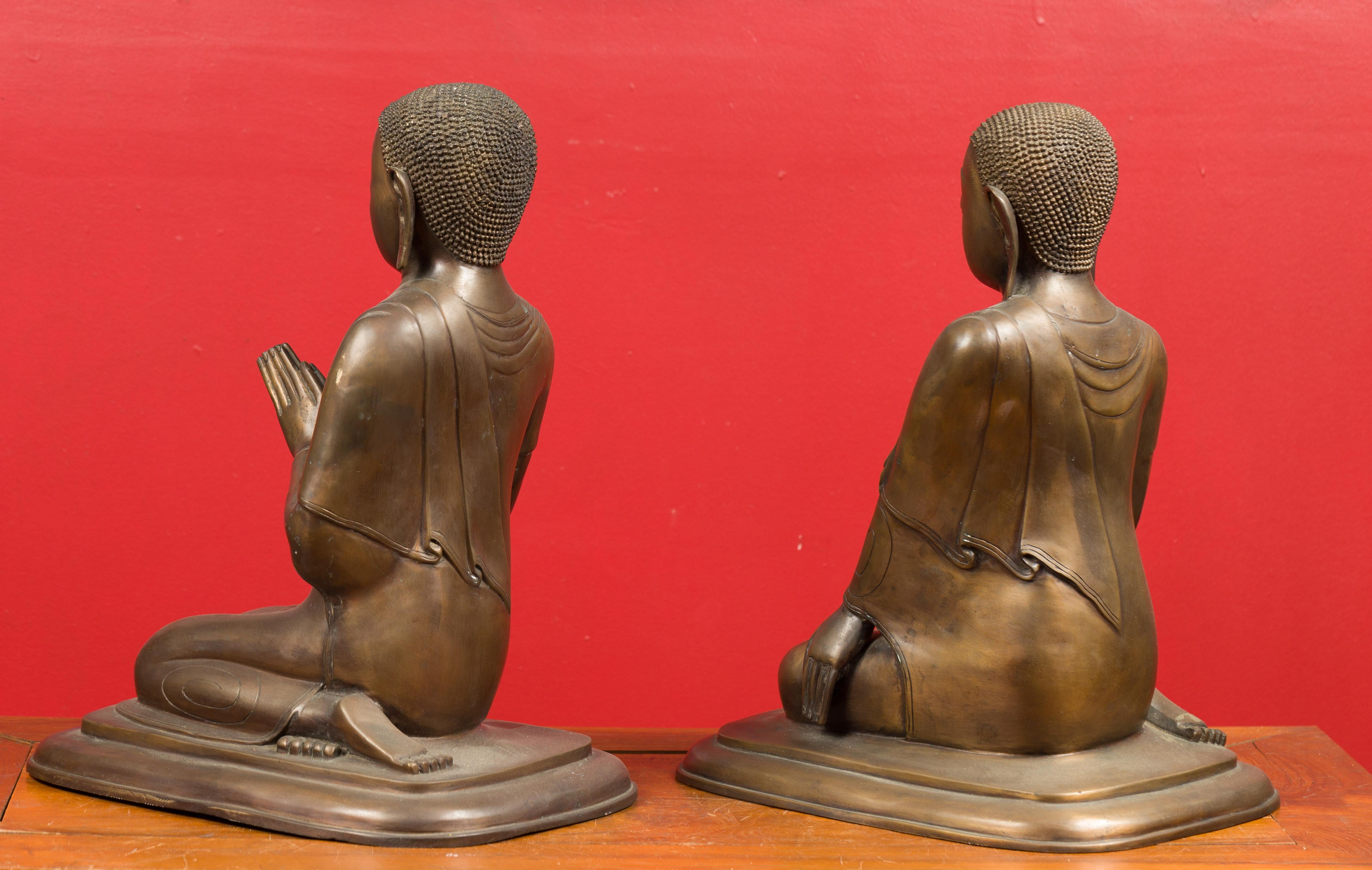 Cast Pair of Burmese 20th Century Bronze Statues of Kneeling Buddhist Disciples