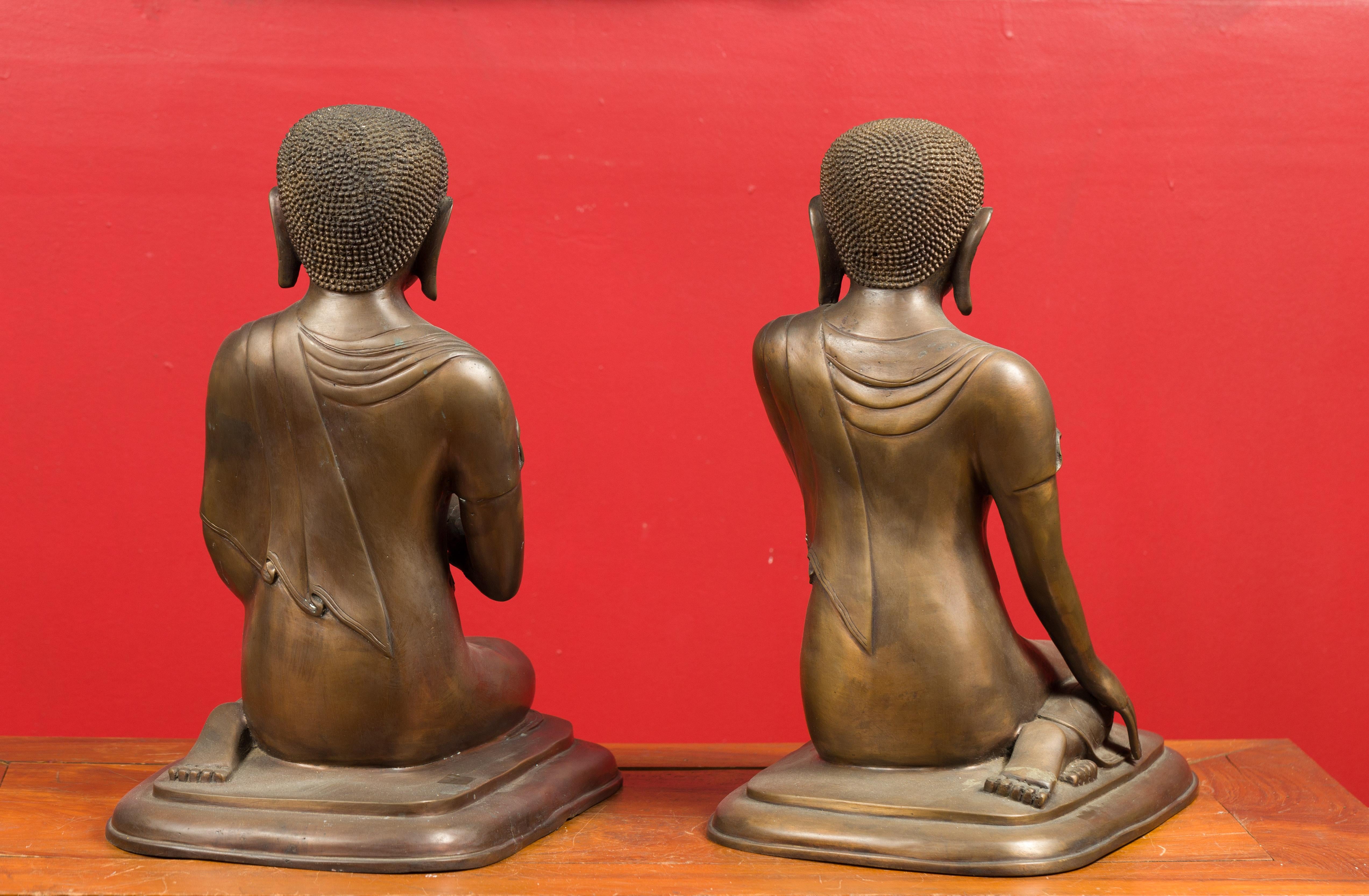 Pair of Burmese 20th Century Bronze Statues of Kneeling Buddhist Disciples 1