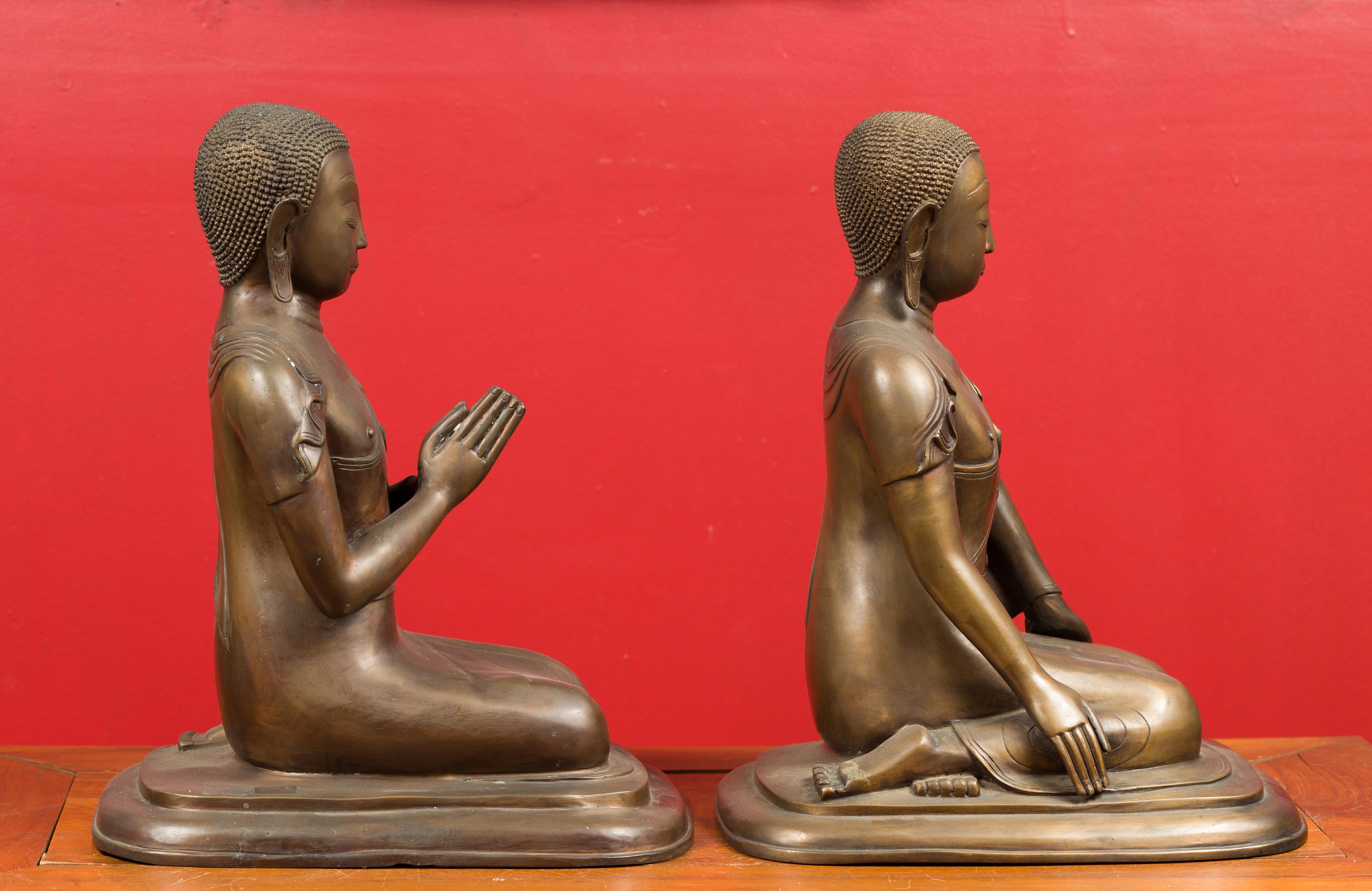 Pair of Burmese 20th Century Bronze Statues of Kneeling Buddhist Disciples 2