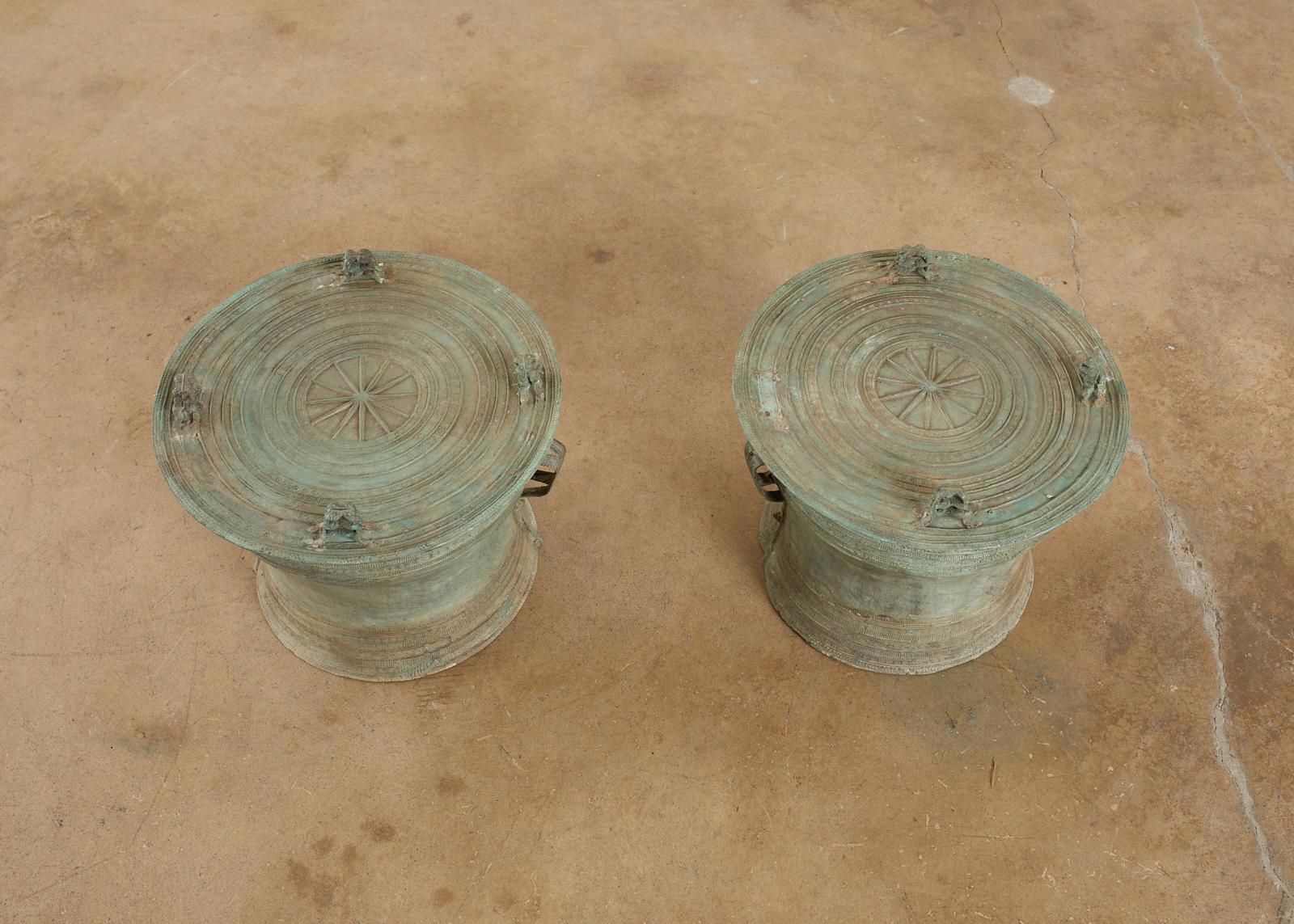 Tribal Pair of Burmese Bronze Rain Drum Drink Tables