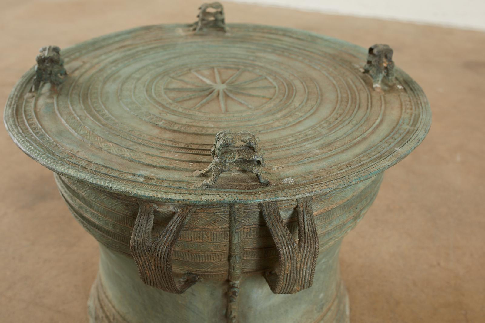 Pair of Burmese Bronze Rain Drum Drink Tables In Distressed Condition In Rio Vista, CA