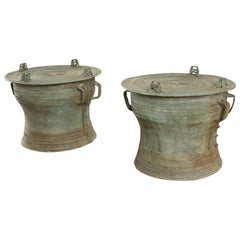 Pair of Burmese Bronze Rain Drum Drink Tables