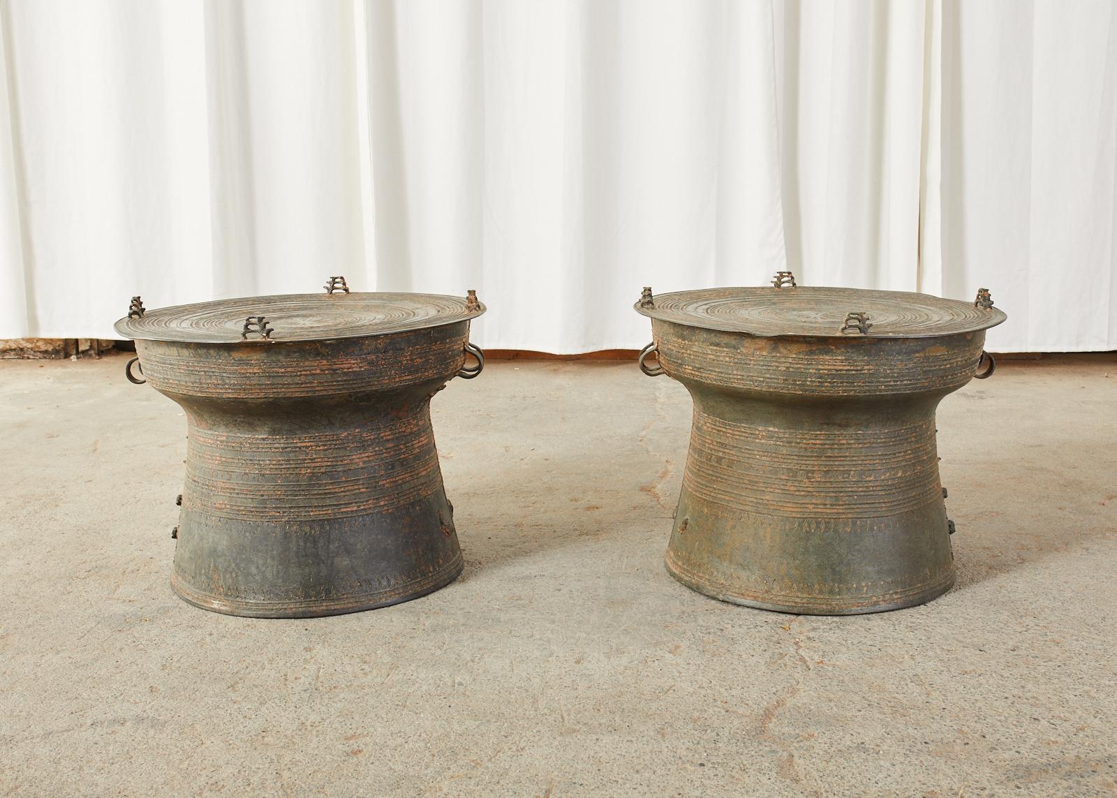 Tribal Pair of Burmese Bronze Rain Drums or Frog Drum Tables