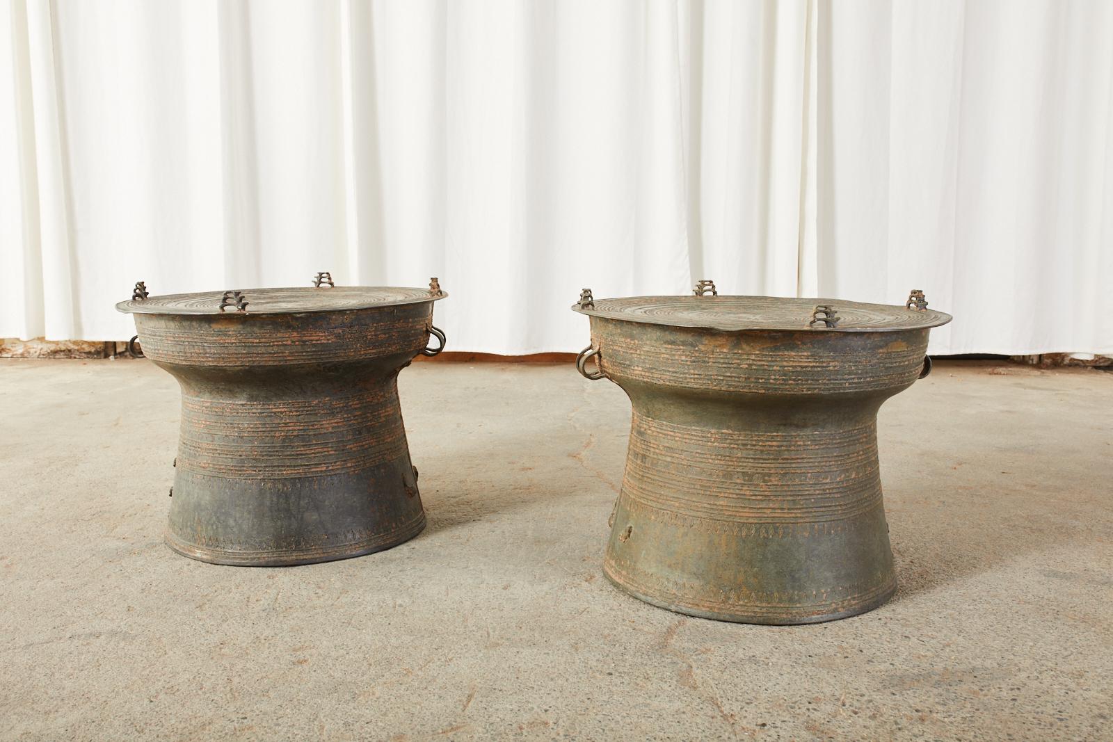 Cast Pair of Burmese Bronze Rain Drums or Frog Drum Tables