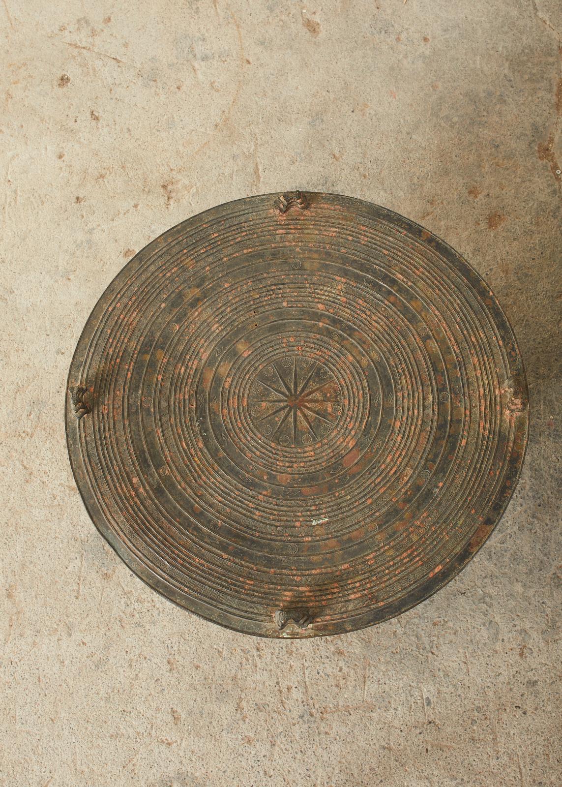 Pair of Burmese Bronze Rain Drums or Frog Drum Tables In Distressed Condition In Rio Vista, CA