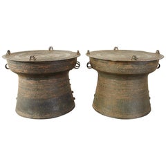 Vintage Pair of Burmese Bronze Rain Drums or Frog Drum Tables