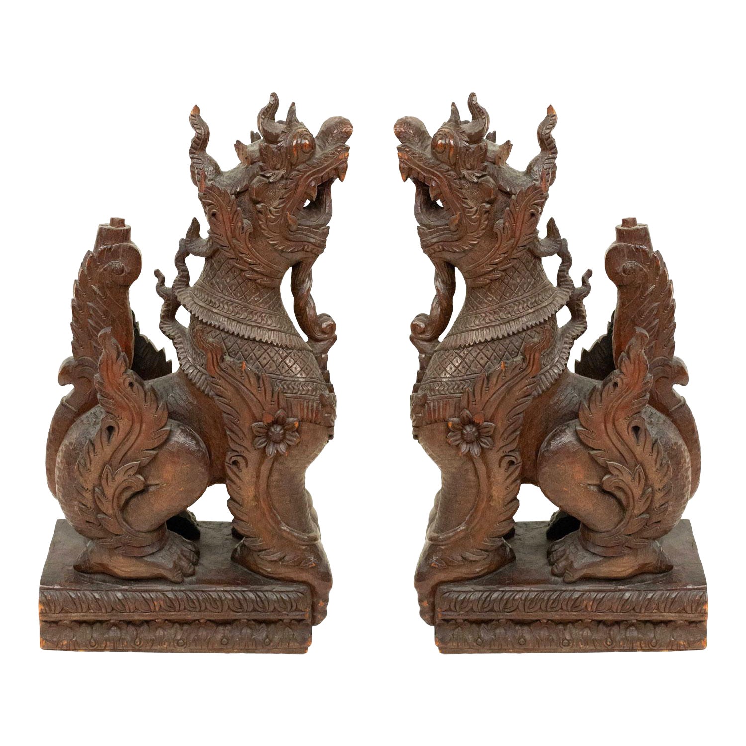 Pair of Burmese Carved Foo Dog Figures