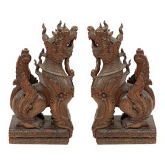 Pair of Burmese Carved Foo Dog Figures