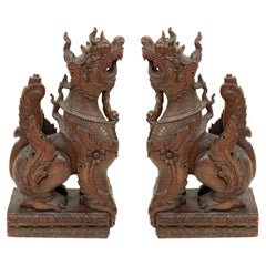 Pair of Burmese Carved Foo Dog Figures