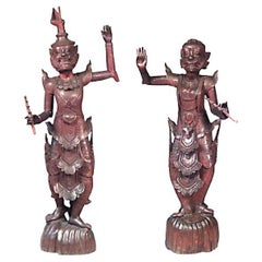 Pair of Burmese Carved Teak Standing Figures