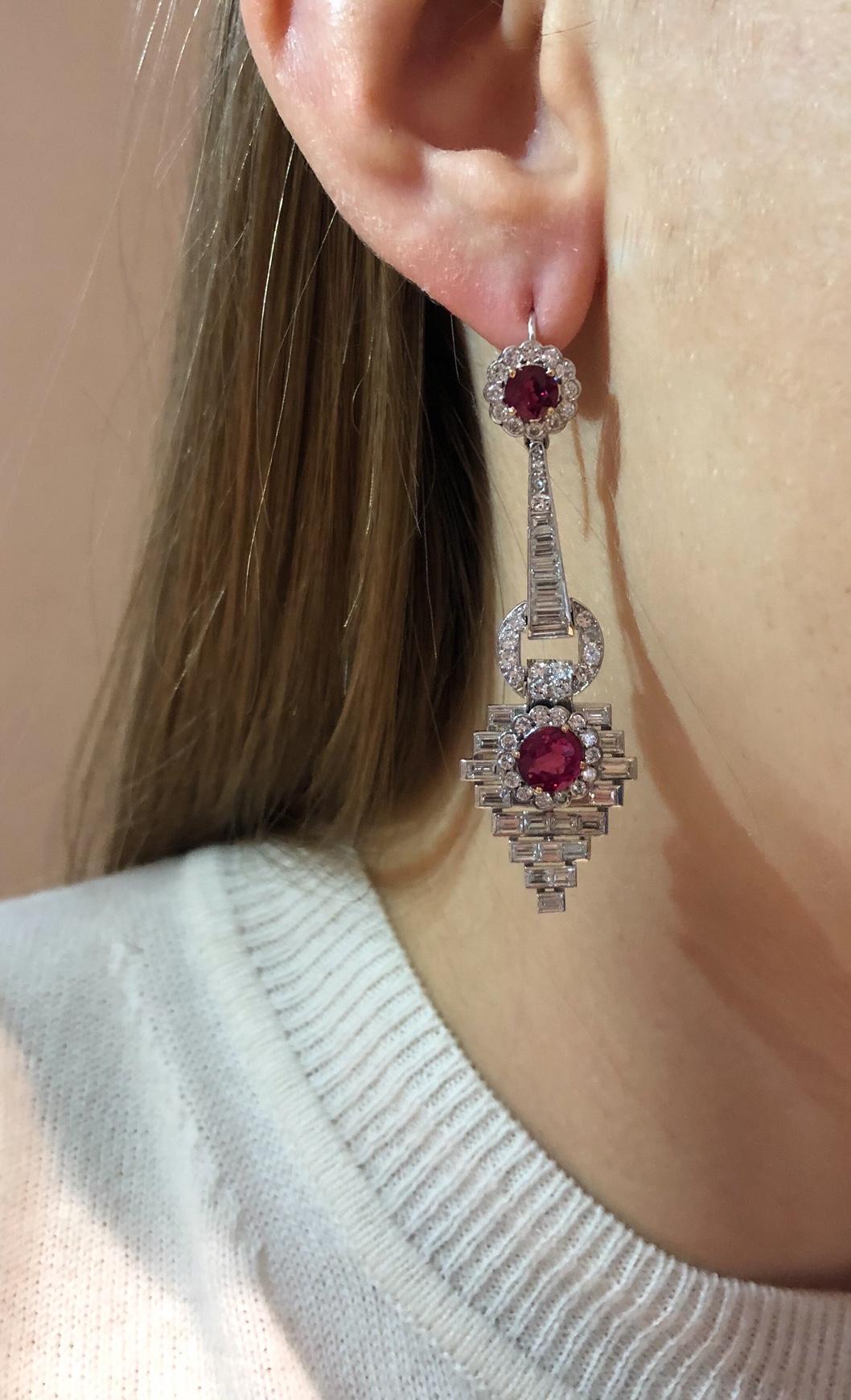 A pair of Burmese ruby and diamond earrings. 4 carat rubies and 4 carats diamonds. Circa 1950.