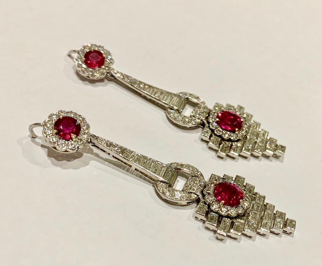 Baguette Cut Pair of Burmese Ruby and Diamond Earrings