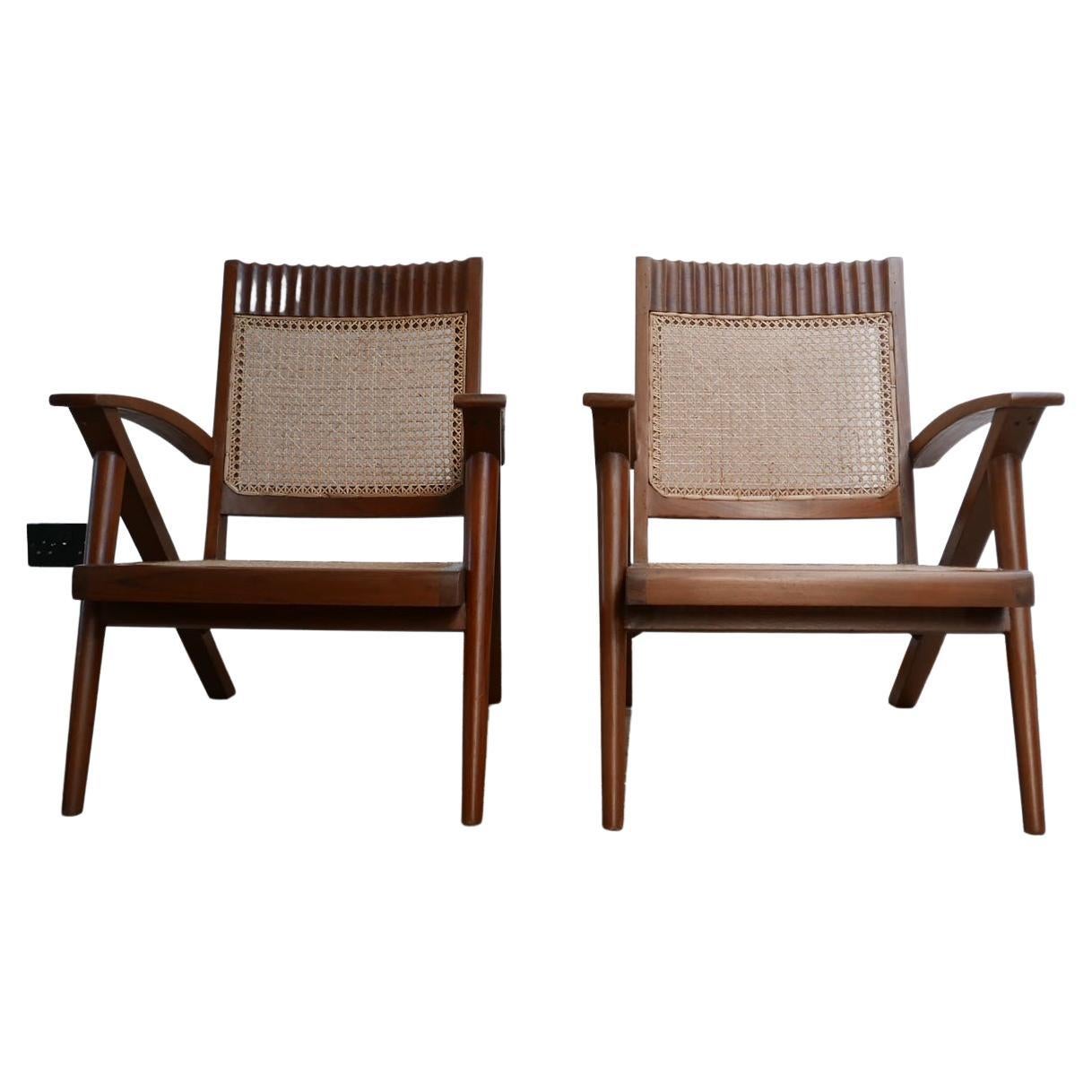 Pair of Burmese Teak and Cane Mid-Century Armchairs