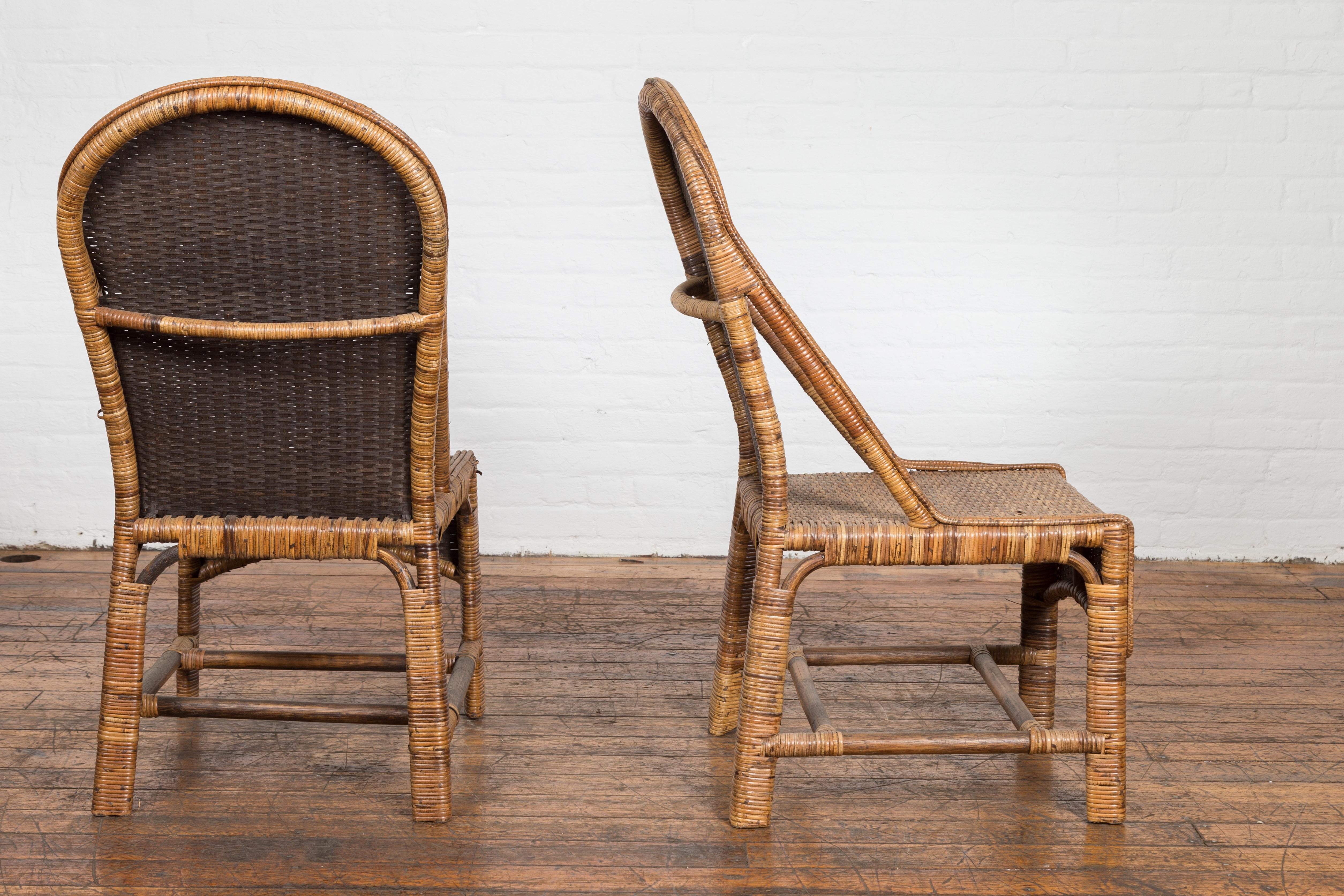 Pair of Burmese Vintage Country Style Woven Rattan and Bamboo Chairs For Sale 8