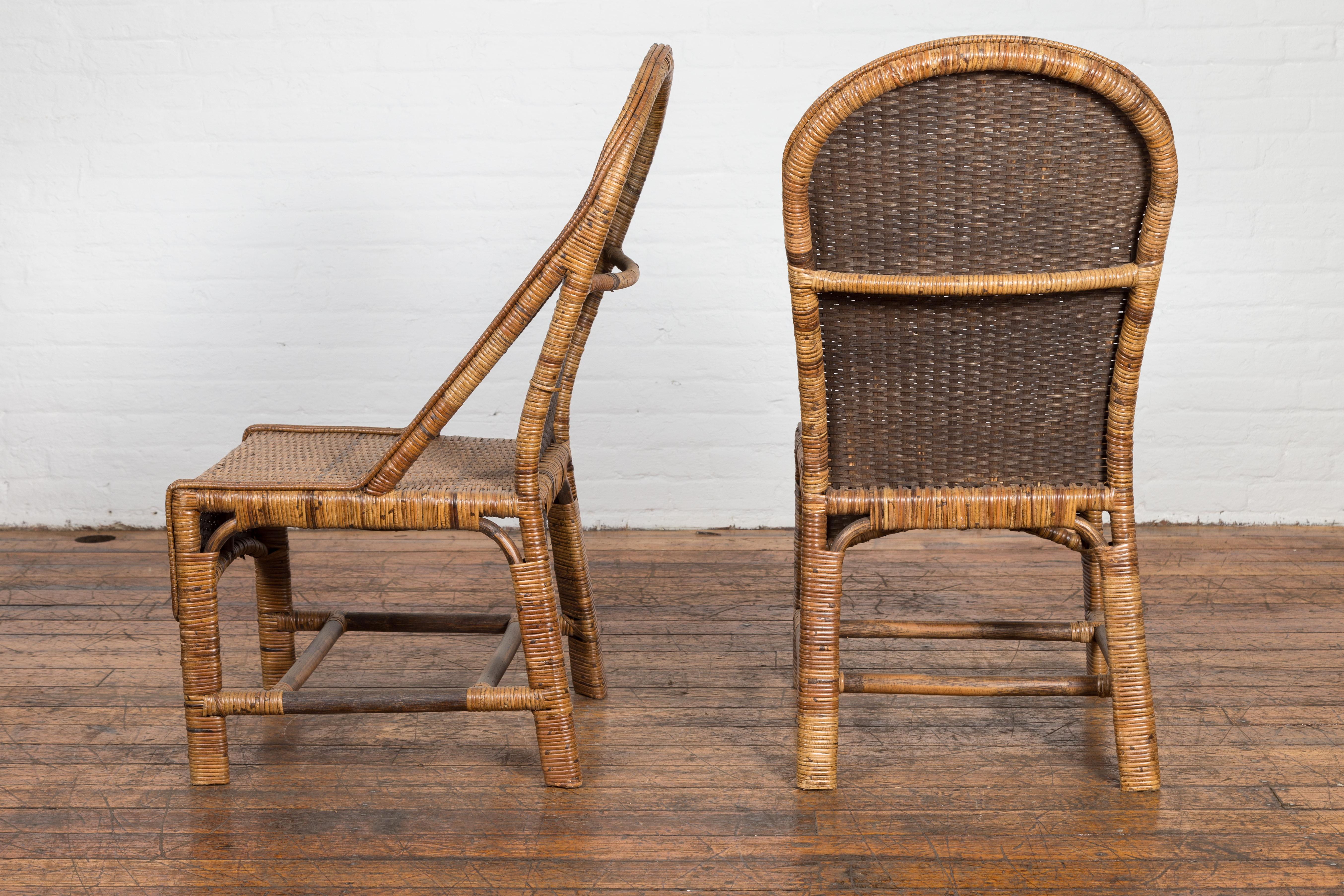 Pair of Burmese Vintage Country Style Woven Rattan and Bamboo Chairs For Sale 9