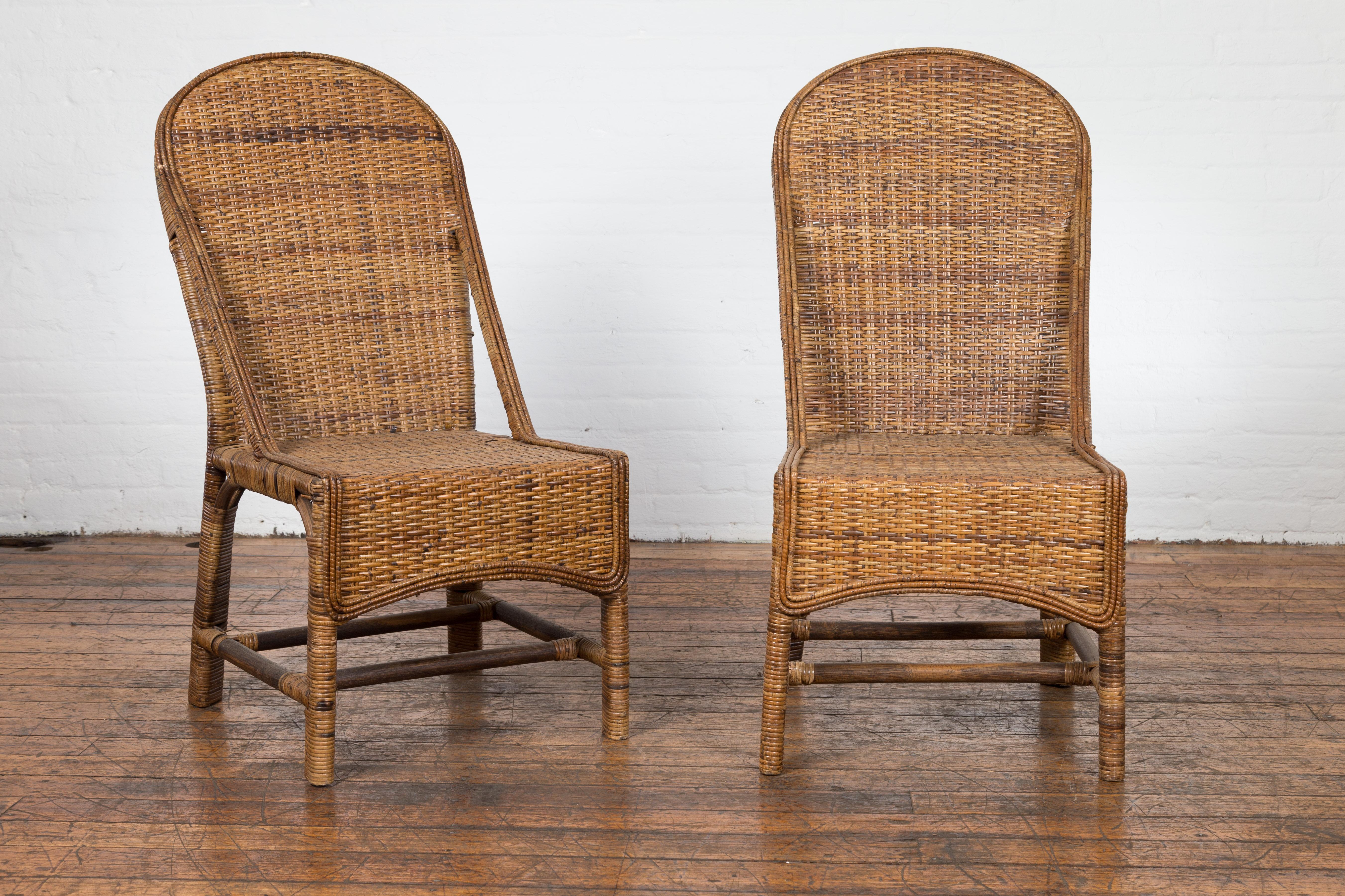 Pair of Burmese Vintage Country Style Woven Rattan and Bamboo Chairs In Good Condition For Sale In Yonkers, NY