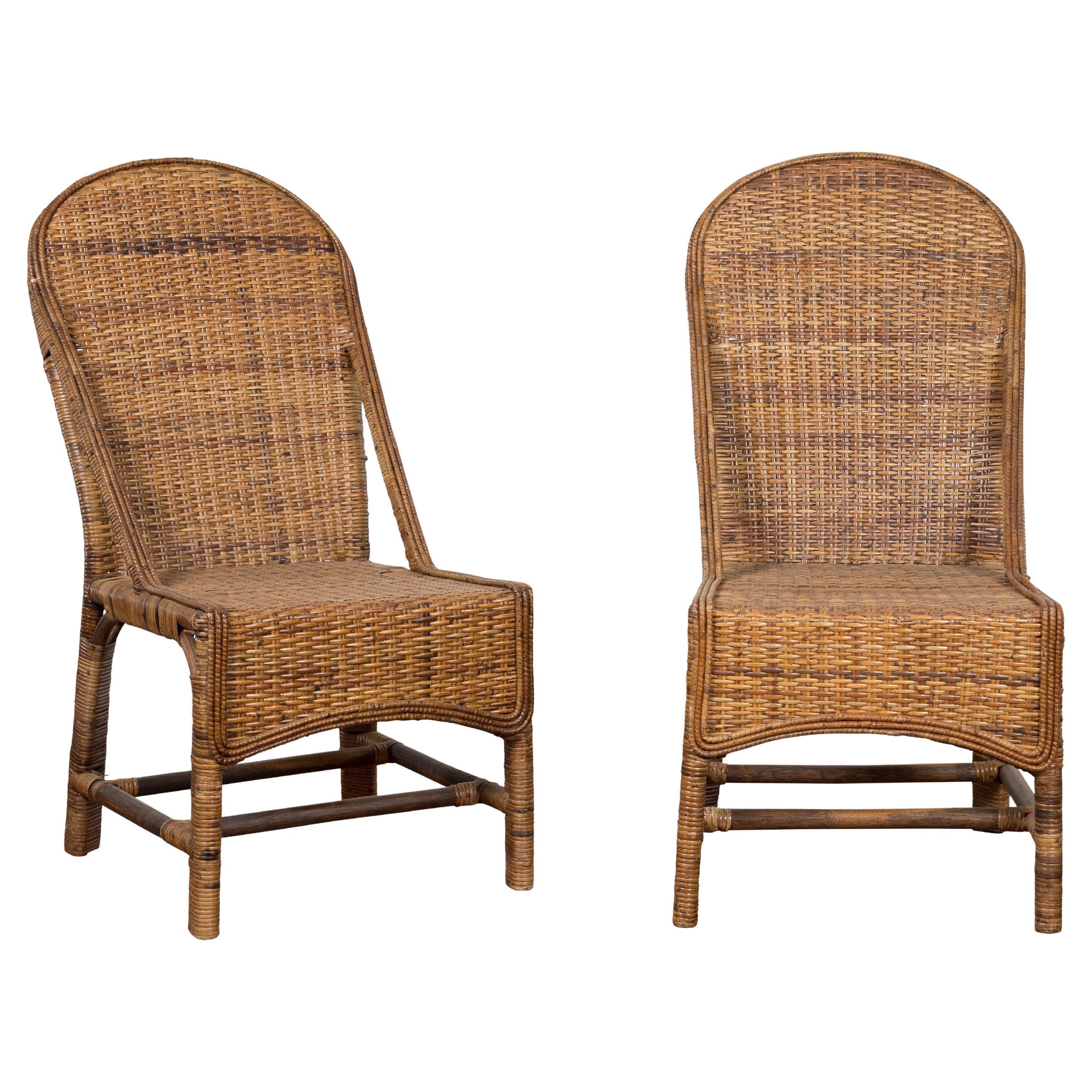 Paar burmesische Vintage-Stühle aus gewebtem Rattan und Bambus im Landhausstil