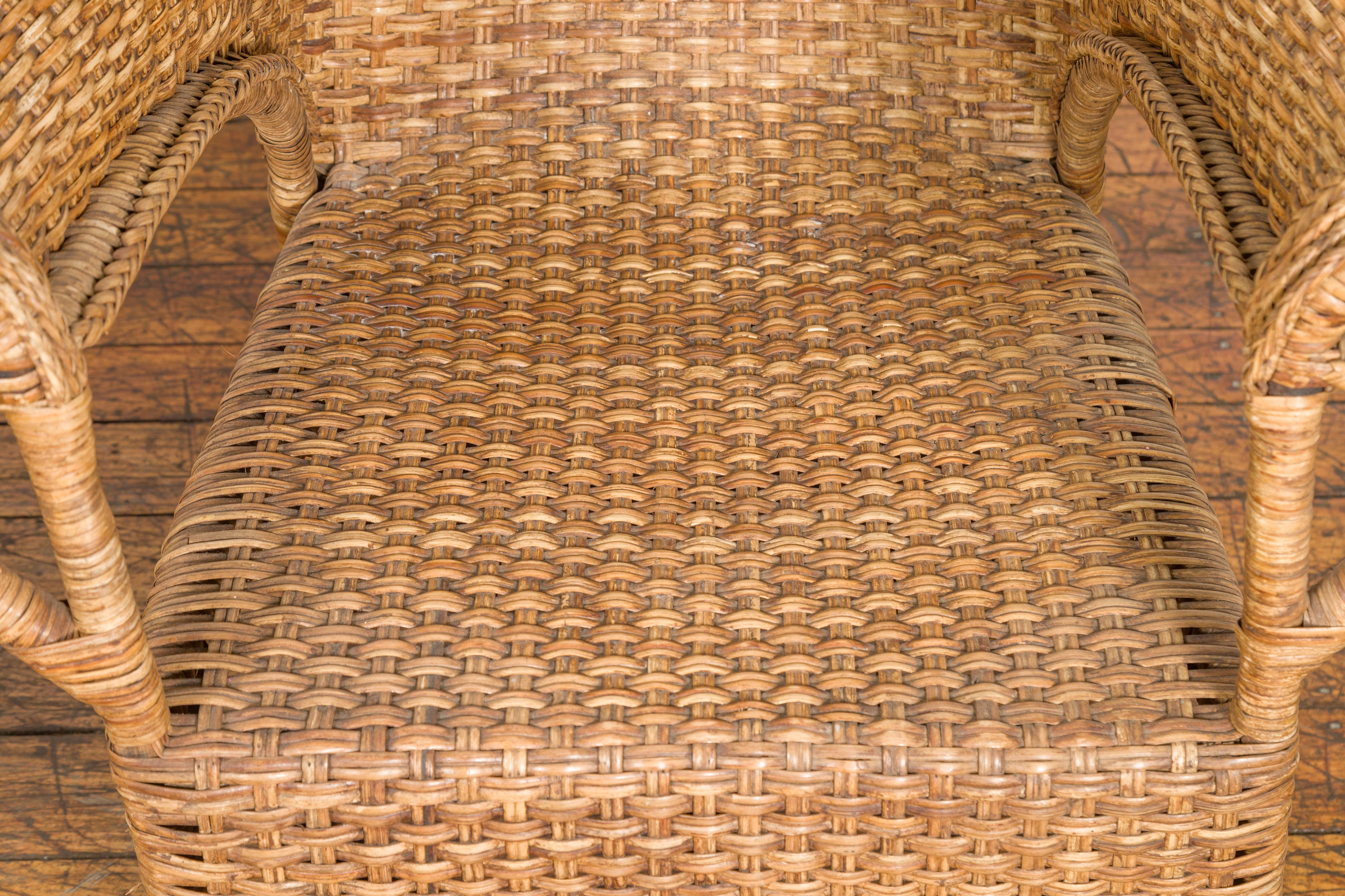 Pair of Burmese Vintage Woven Rattan Lounge Chairs with Out Scrolling Arms 6