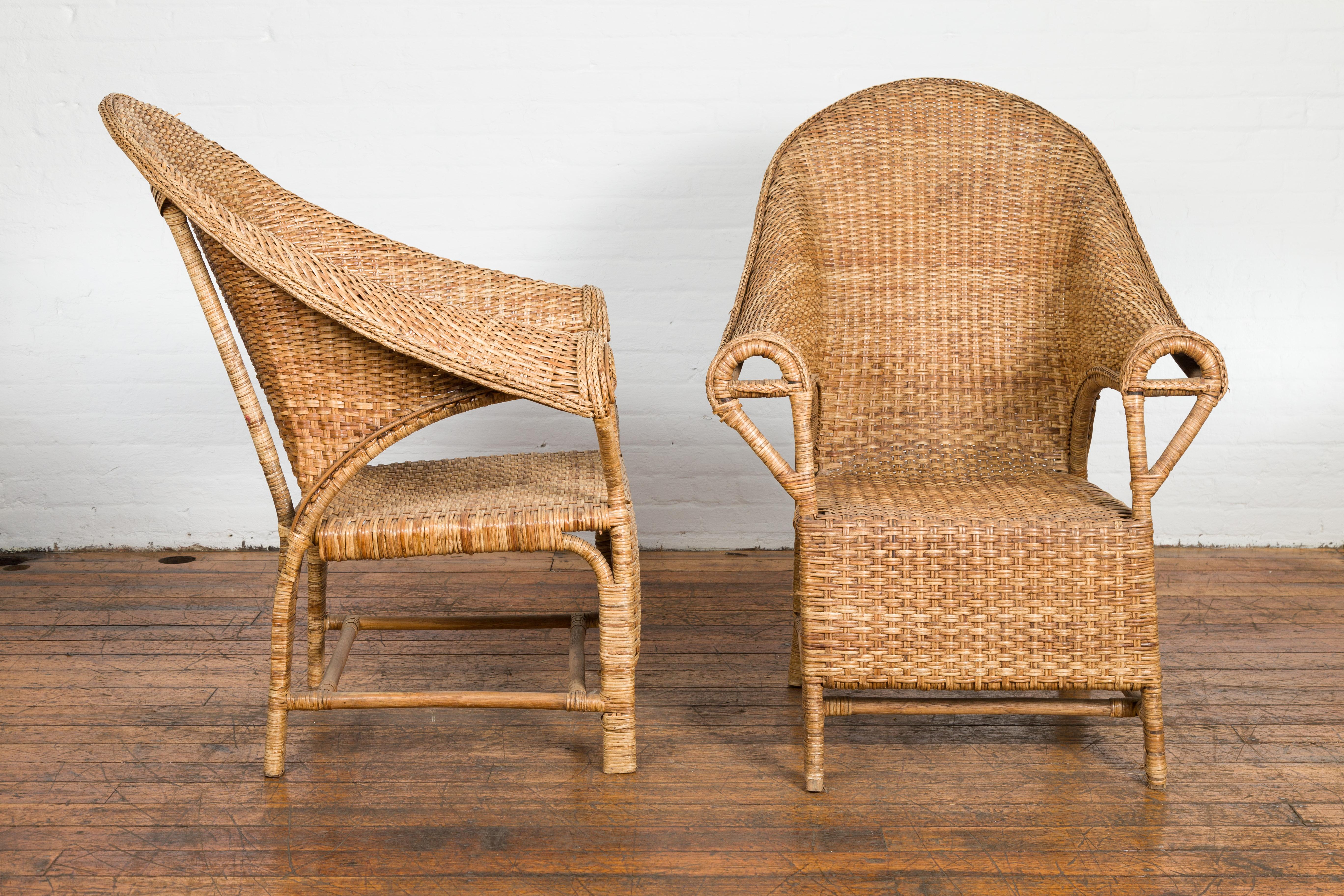 Pair of Burmese Vintage Woven Rattan Lounge Chairs with Out Scrolling Arms 8