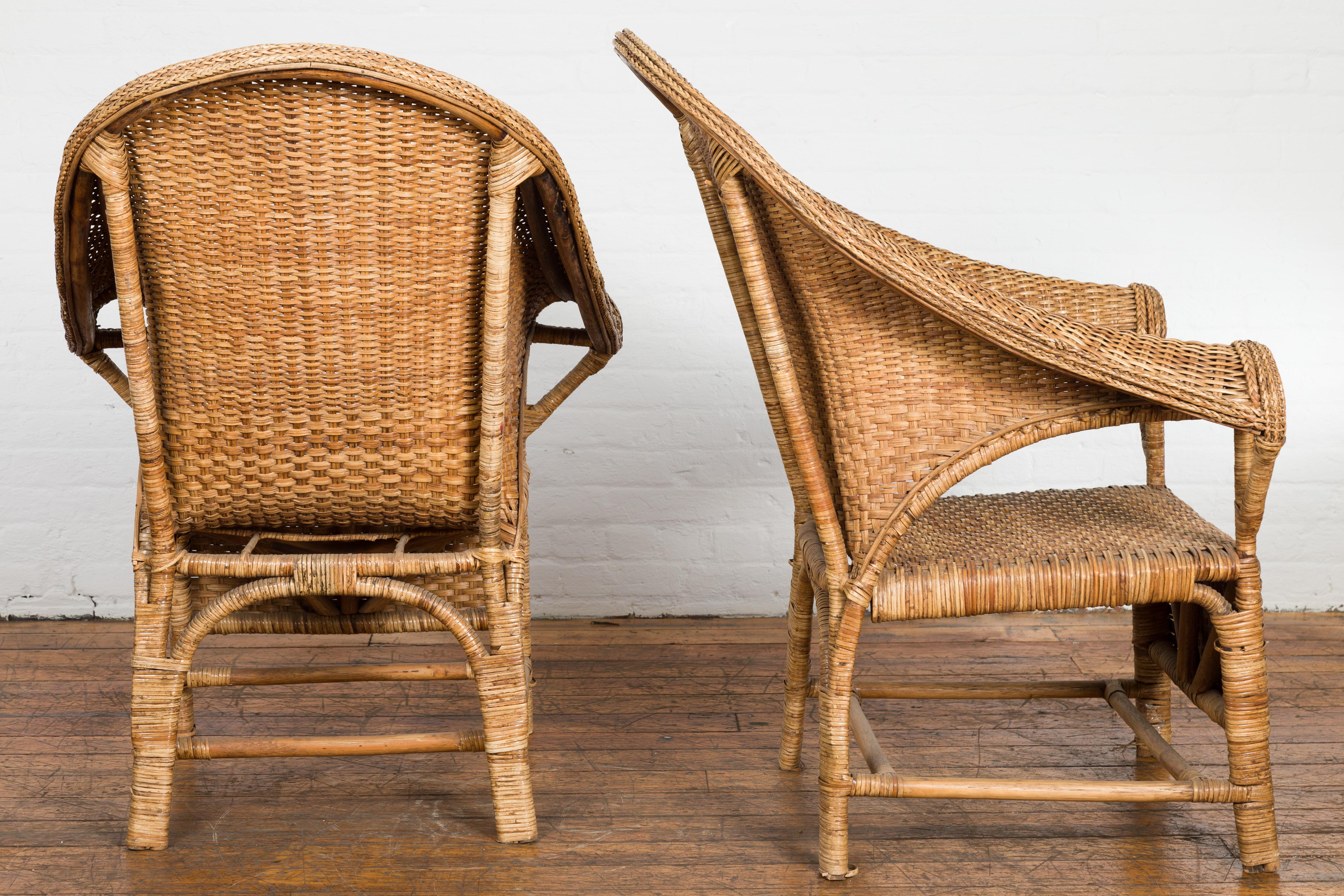 Pair of Burmese Vintage Woven Rattan Lounge Chairs with Out Scrolling Arms 9