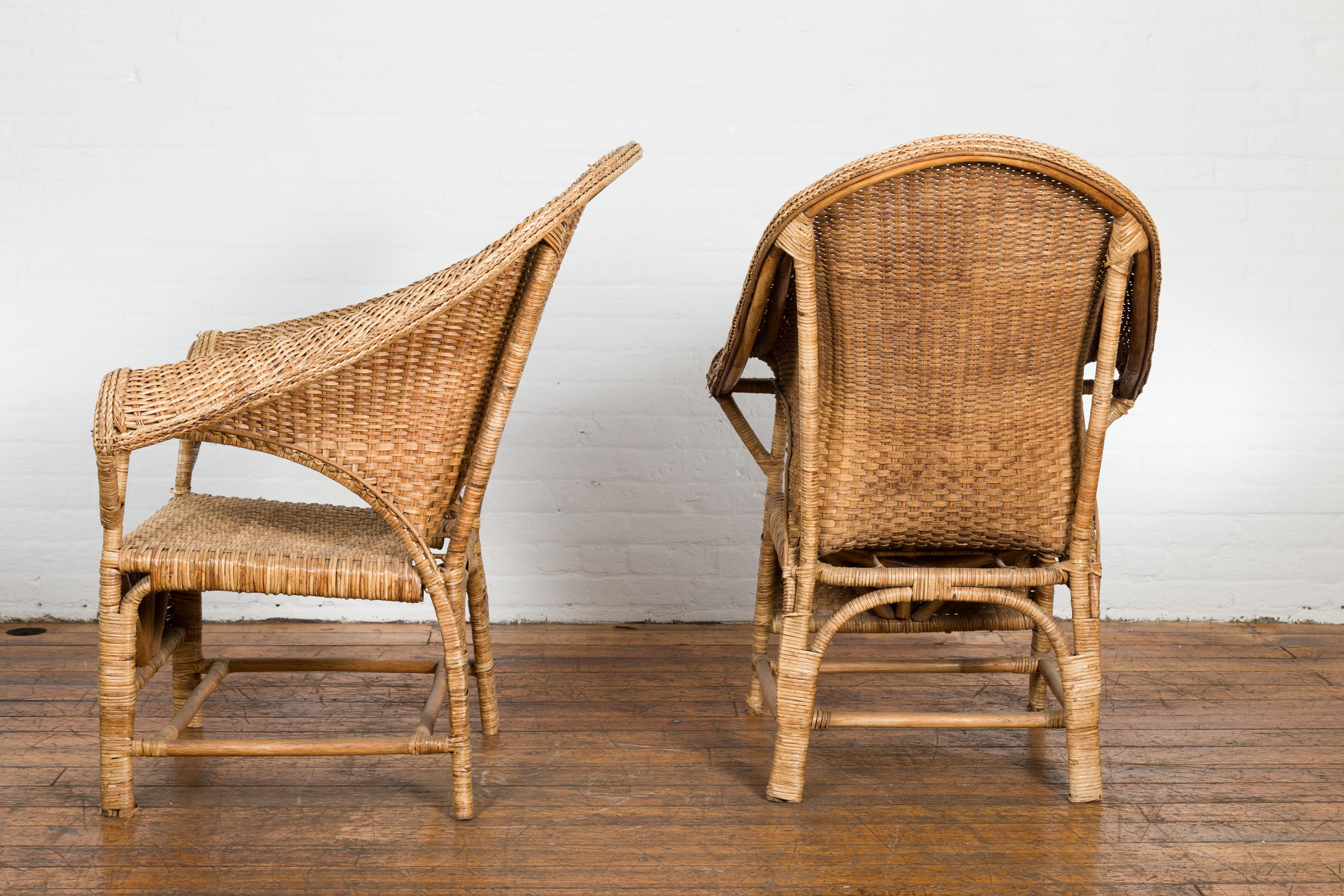 Pair of Burmese Vintage Woven Rattan Lounge Chairs with Out Scrolling Arms 10