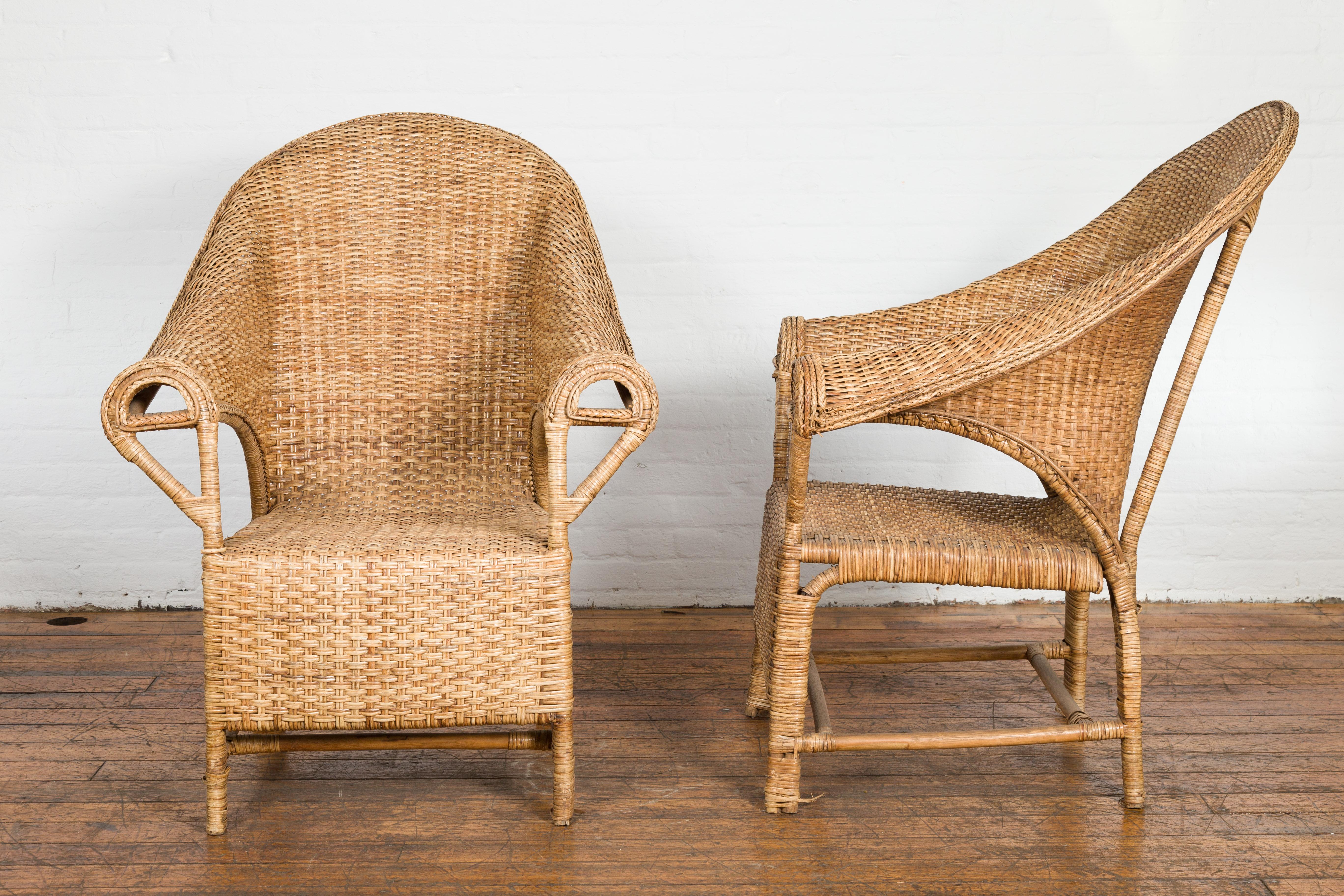 Pair of Burmese Vintage Woven Rattan Lounge Chairs with Out Scrolling Arms 11