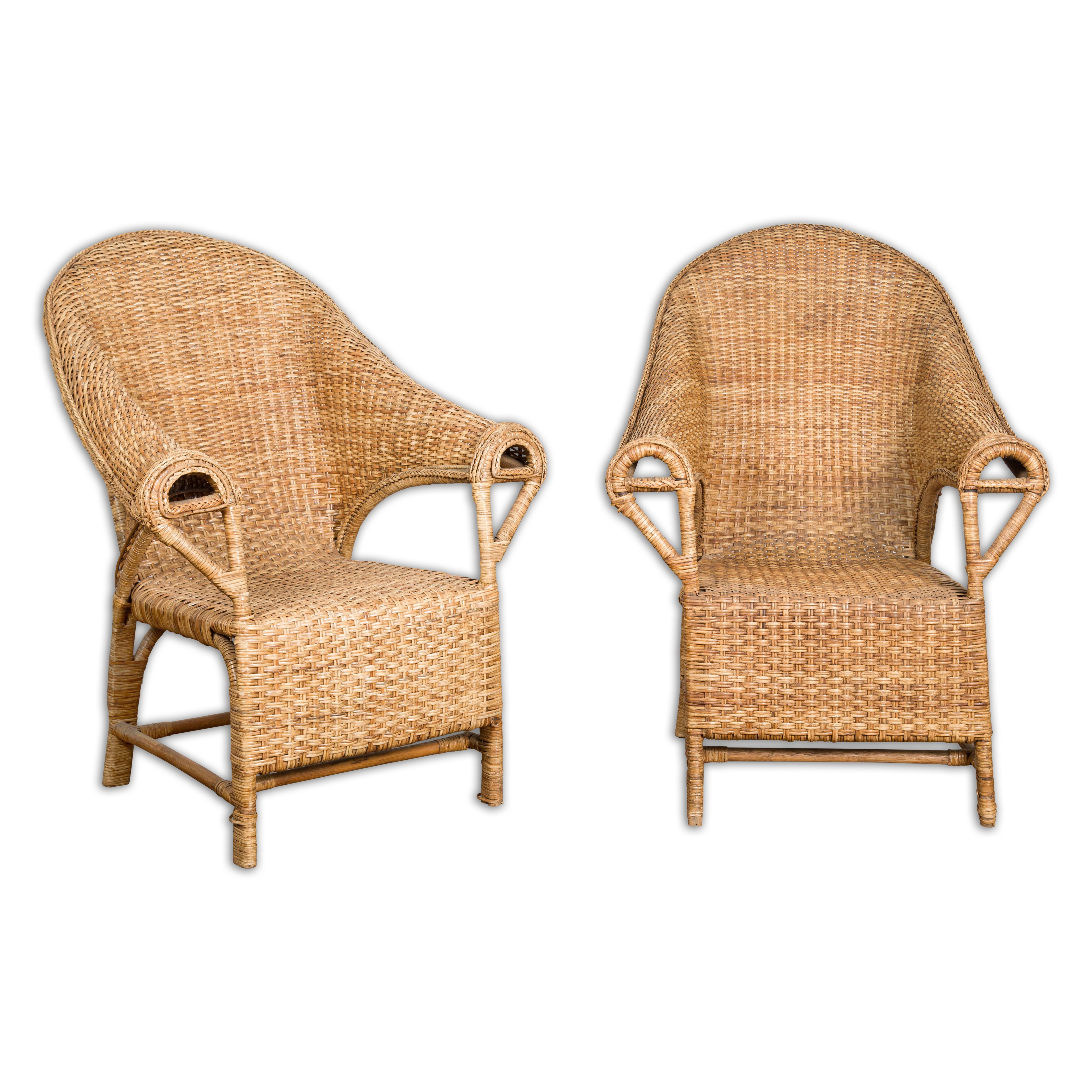 Pair of Burmese Vintage Woven Rattan Lounge Chairs with Out Scrolling Arms 12