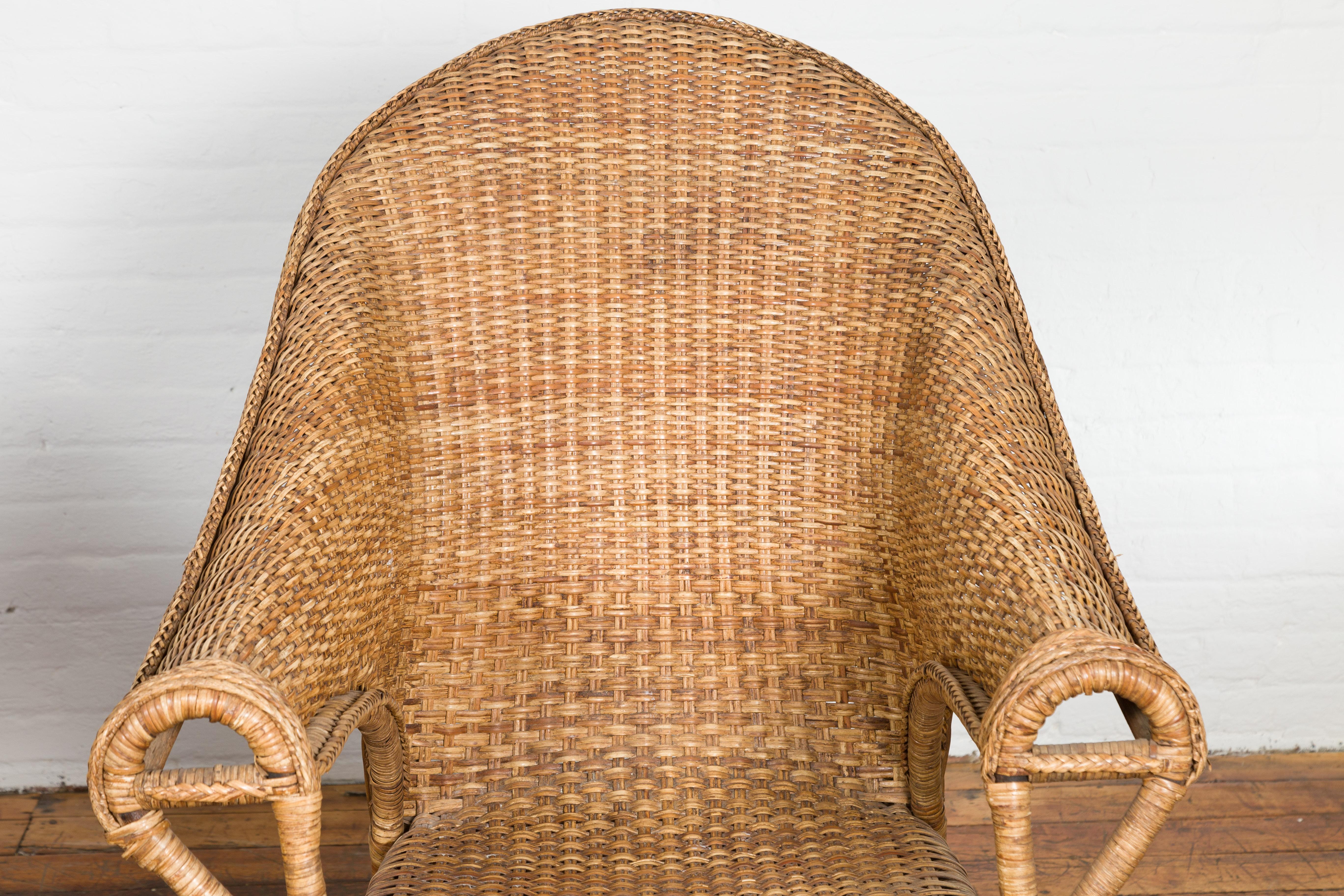 Pair of Burmese Vintage Woven Rattan Lounge Chairs with Out Scrolling Arms In Good Condition In Yonkers, NY