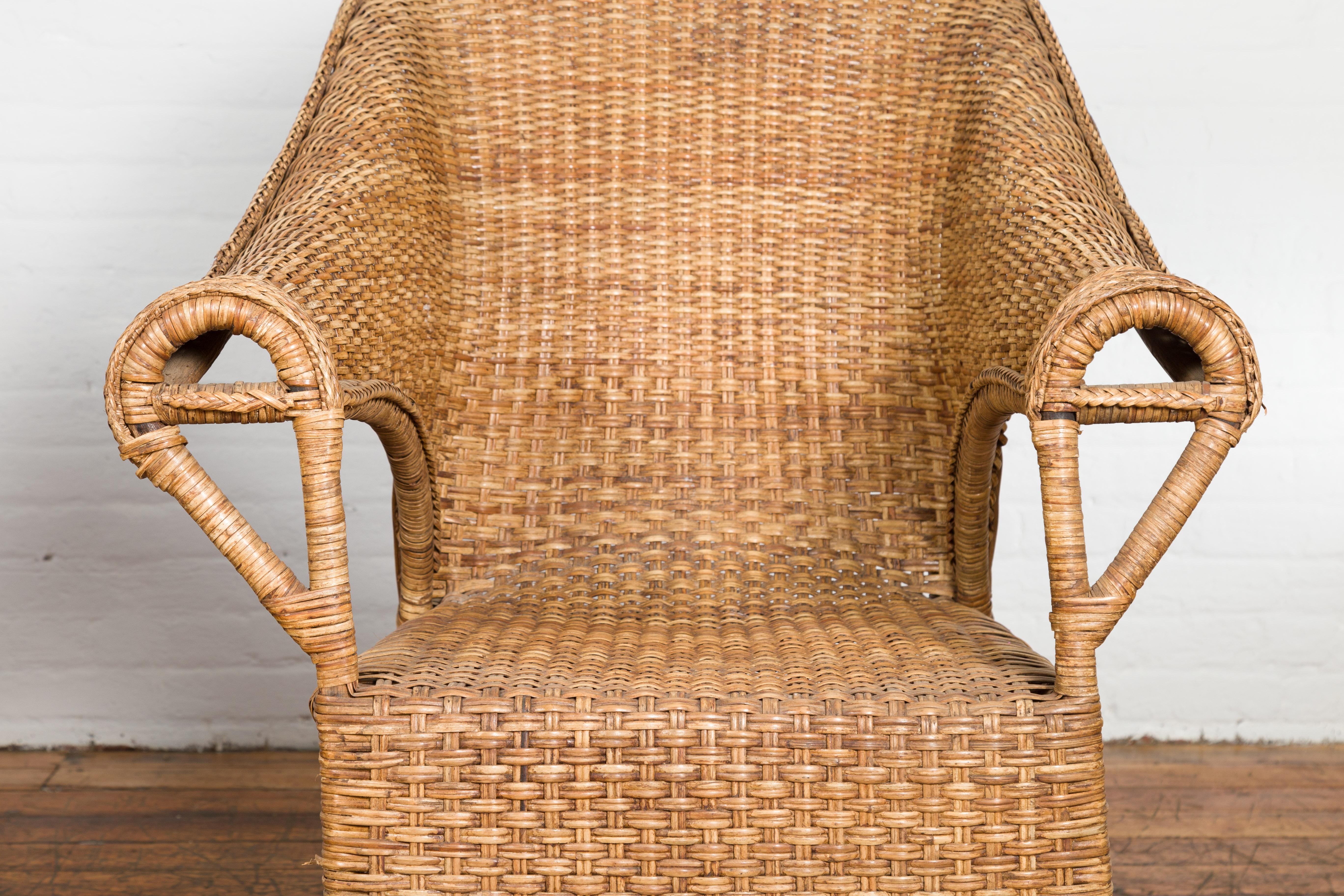 20th Century Pair of Burmese Vintage Woven Rattan Lounge Chairs with Out Scrolling Arms