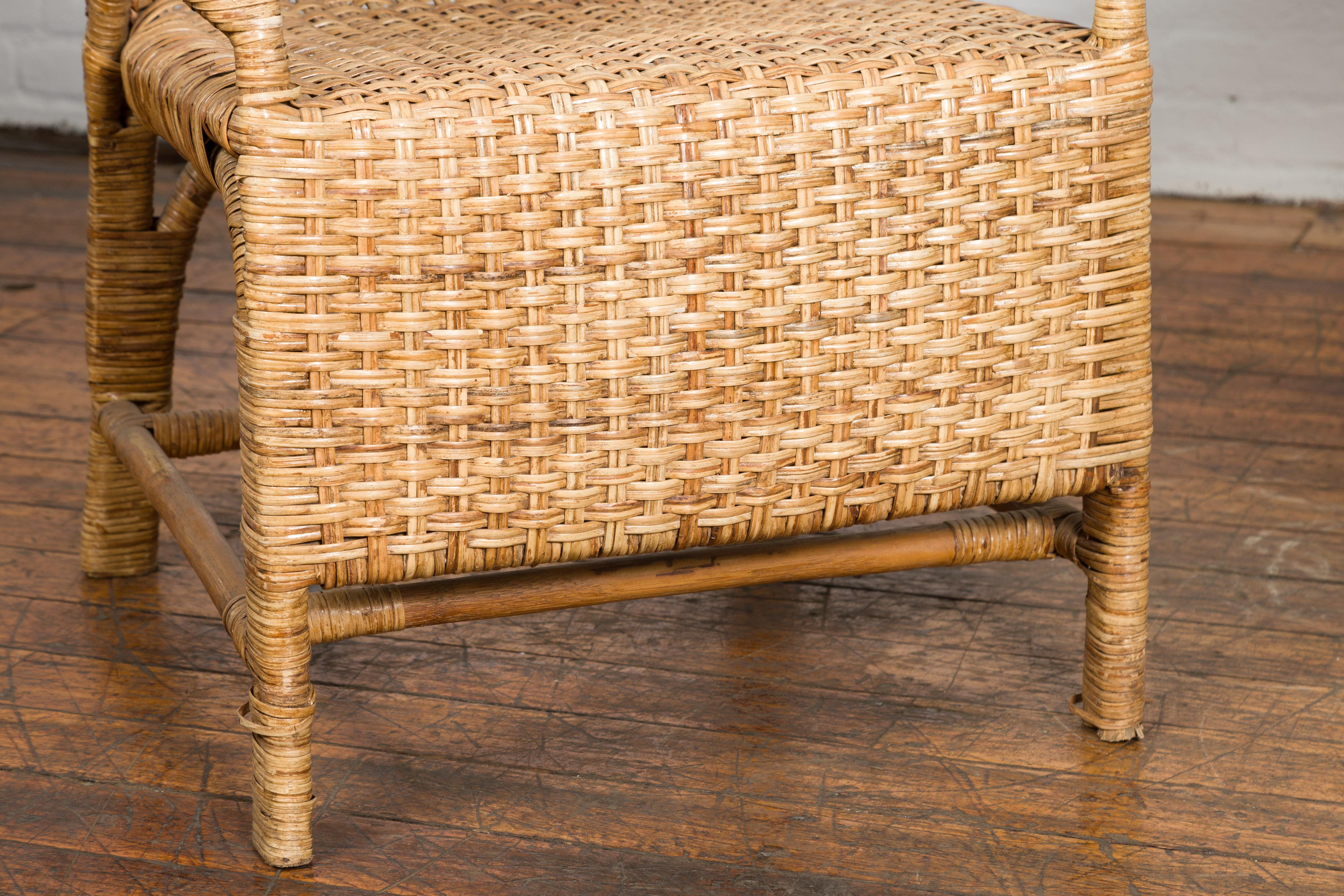 Pair of Burmese Vintage Woven Rattan Lounge Chairs with Out Scrolling Arms 3