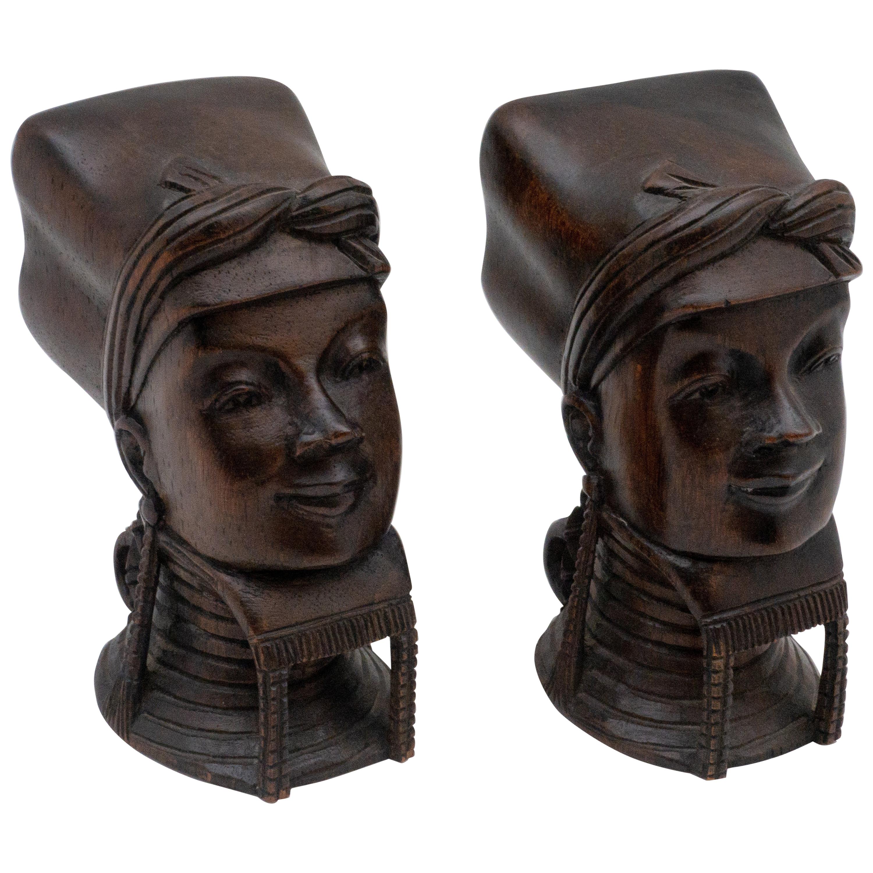 Pair of Burmese Wooden Bookends or Busts
